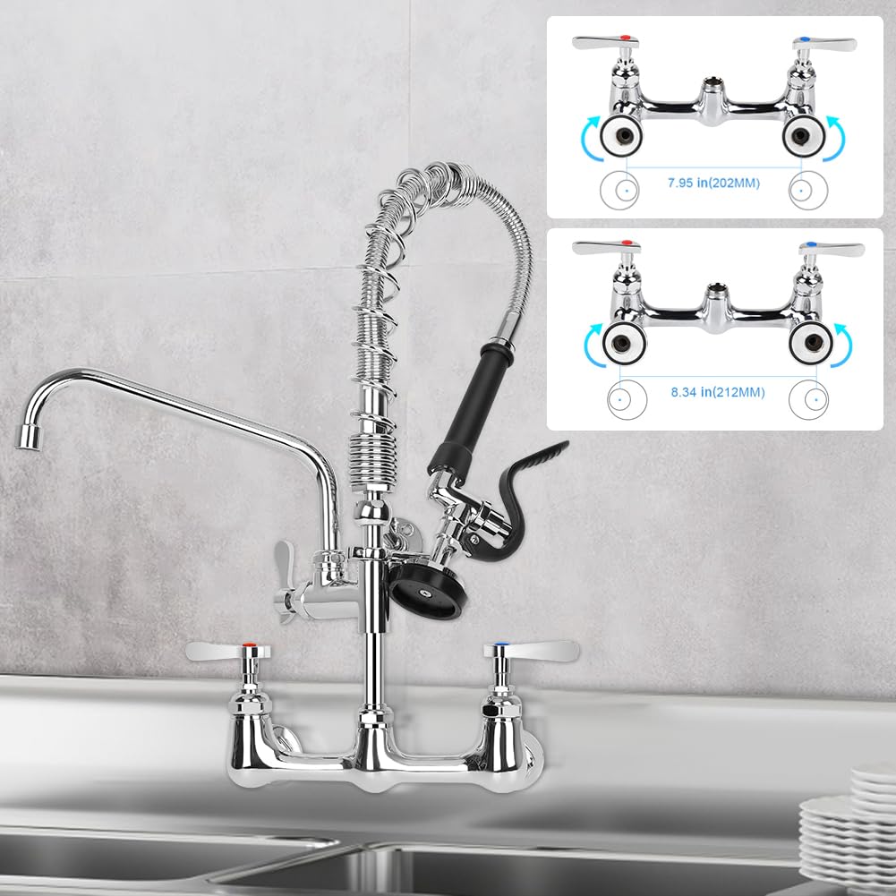 Tnroted 8 Inch Center Commercial Faucet With Sprayer 20" Height Wall Mount Commercial Kitchen Faucet With 8” Swing Spout For 1/2 Compartment Sink/Home Kitchen/Restaurant Sink