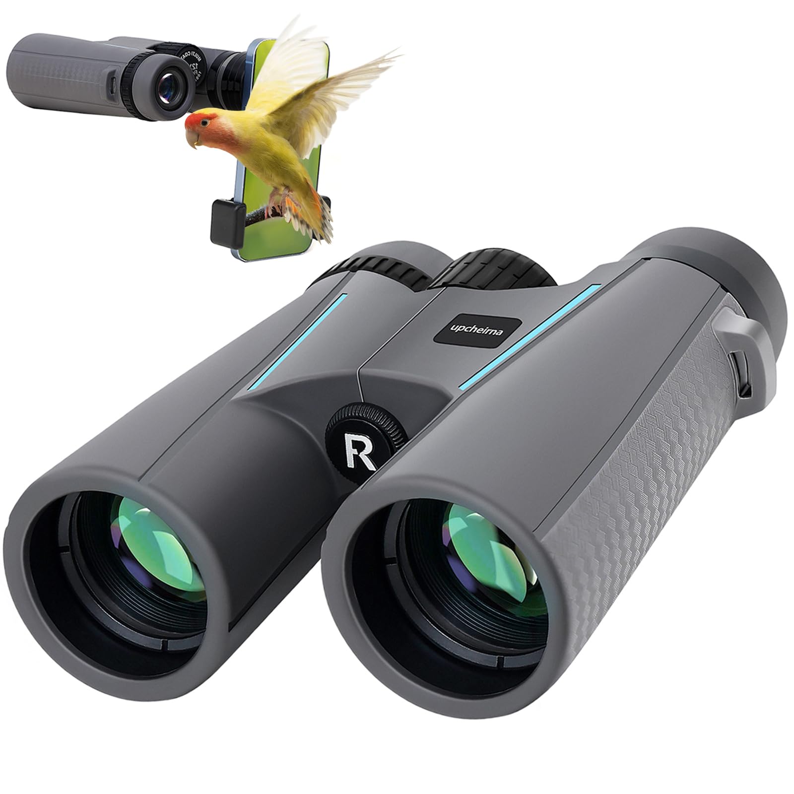 Upcheirna 12X42 Binoculars For Adults High Powered -Compact Travel Hd Binoculars With Phone Adapter,Low Light Night Vision, Bird Watching, Hunting, Lightweight Binoculares,Durable Gray Bino