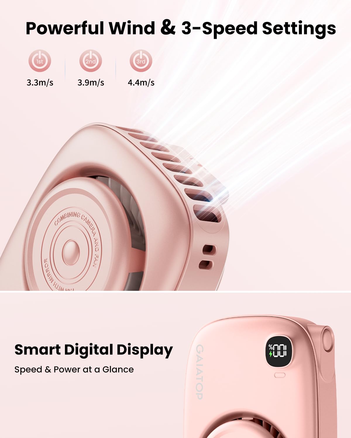Gaiatop Mini Neck Fan, Rechargeable Led Power Display 3 Speed 360°Rotate Lash Makeup Mirror Cute