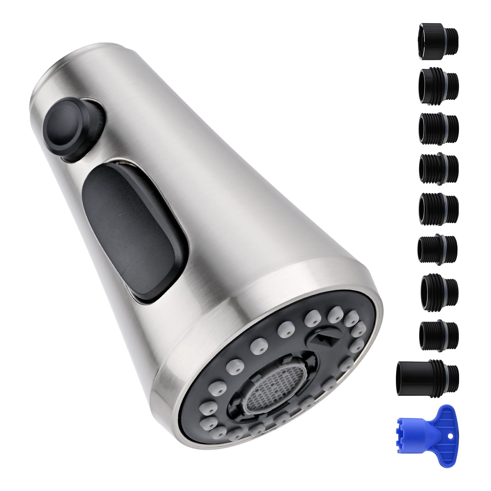 Kicimpro Antirust Pull Down Kitchen Faucet Head Replacement Parts, 3 Functions Kitchen Faucet Sprayer Head Replacement For Moen, Delta, Kohler, Brushed Nickel Kitchen Sink Faucet Head With 9 Adapters