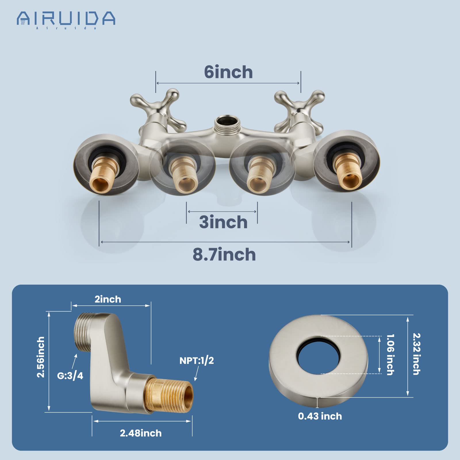 Airuida Wall Mounted Faucet Kitchen Brushed Nickel 6 Inch(15Cm) Spout Reach Adjustable Center Double Cross Handles 3 Inch To 9 Inch Hot And Cold Water Mixer Tap 360 Rotatable Faucet