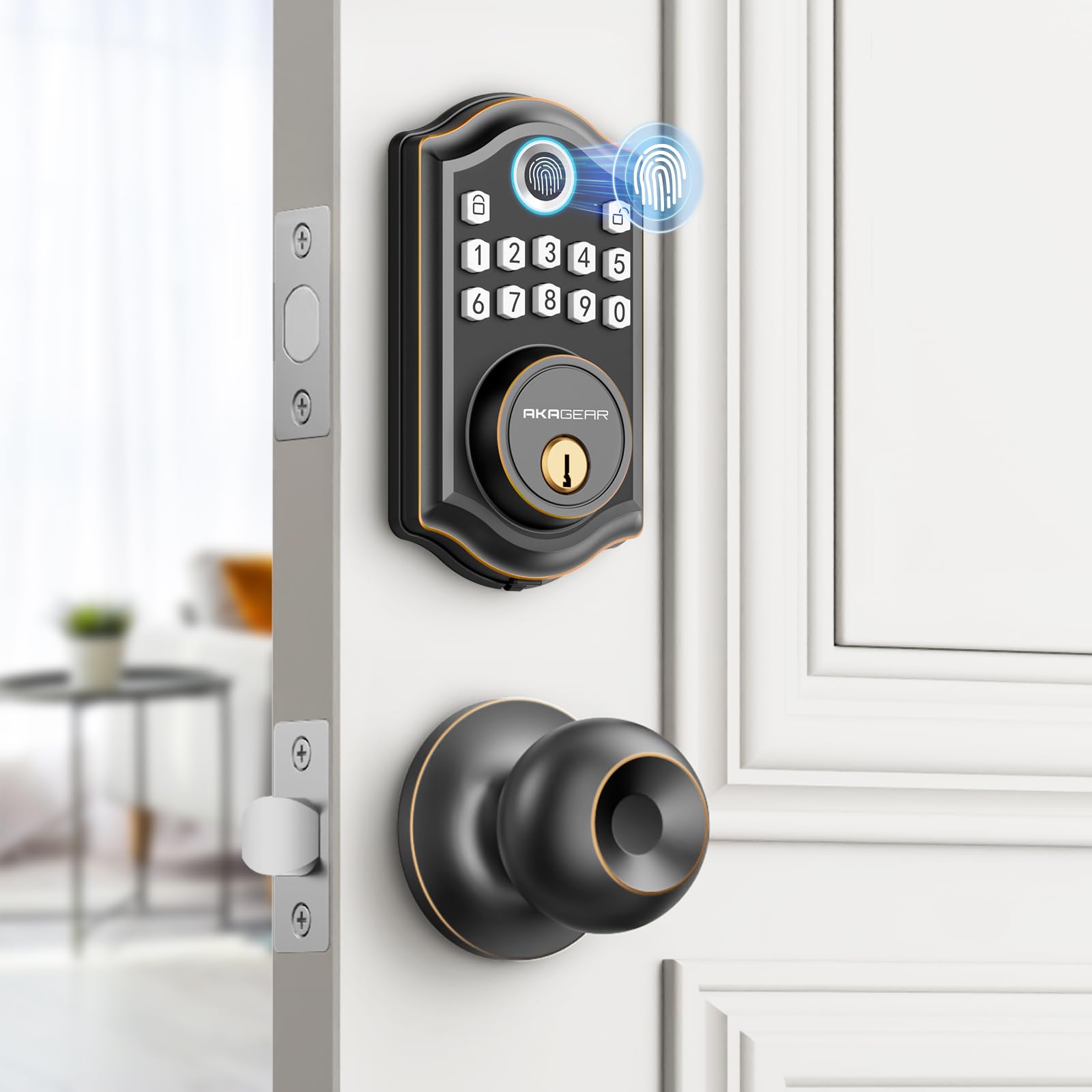 Akagear Keyless Entry Door Lock With Door Knob Handle, Fingerprint Door Locks, Electronic Smart Deadbolt, Keypad Door Lock With Code, Smart Locks For Front Doors, Auto-Lock & One Touch Locking