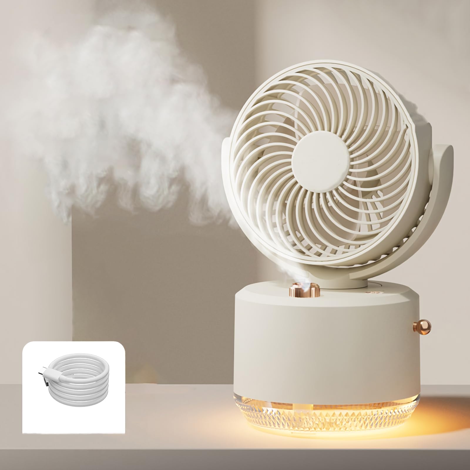 Misting Fan With 300Ml Water Tank, Battery Operated Small Powerful Usb Desk Fan With Led Color Light - Koospark