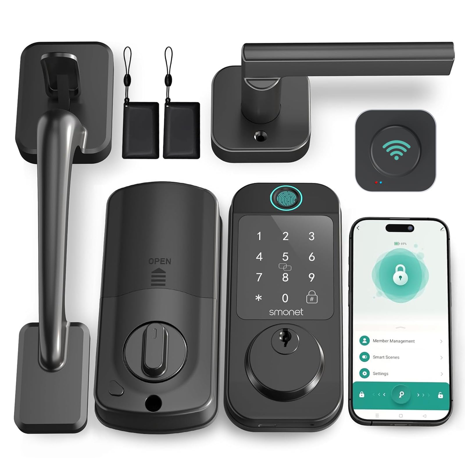 Smonet Keyless Entry Door Lock Deadbolt With Handle Set - Fingerprint Wifi Smart Deadbolt, Digital Remote Control Keypad Bluetooth Alexa Lockset With Auto Lock Code Fob App Black