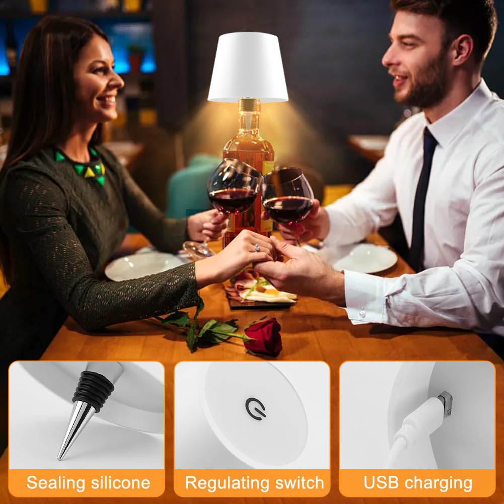 Qkds Wireless Bottle Lamp, Portable Led Wireless Bottle Lamp With 3 Modes Light Dimming, Rechargeable Wine Bottle Light Head Touch Led Table Lamp For Dining Room Bedroom Bar(White)