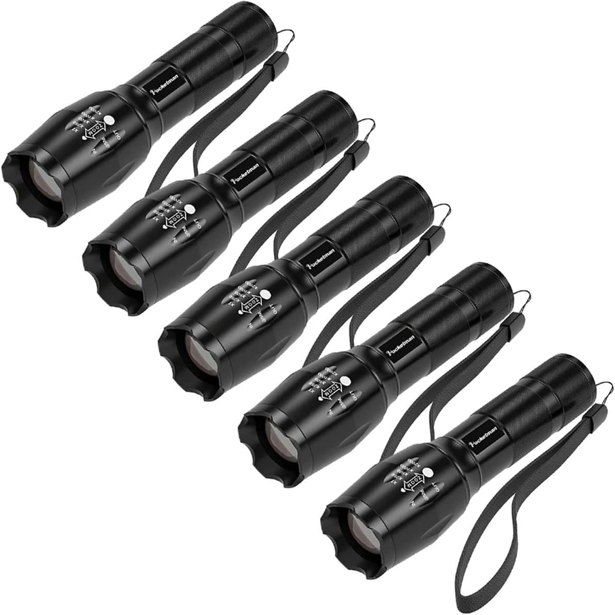 Pocketman 5 Pack, 1200 Lumens Led Tactical Flashlight Water Resistant Handheld Torch With 5 Modes And Adjustable Focus