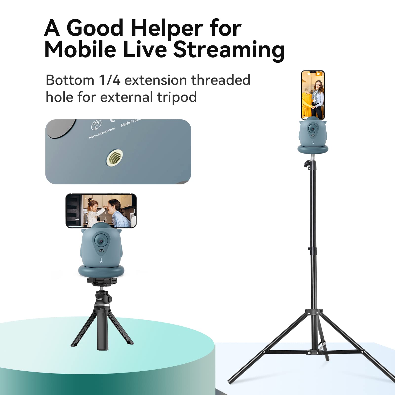 Aicoco Auto Tracking Phone Holder, Auto Face Tracking Tripod, 360° Rotation Phone Camera Mount, Ai-Powered Face Tracking, Bluetooth Shutter Control, No App For Live Streaming Video And Video Recording