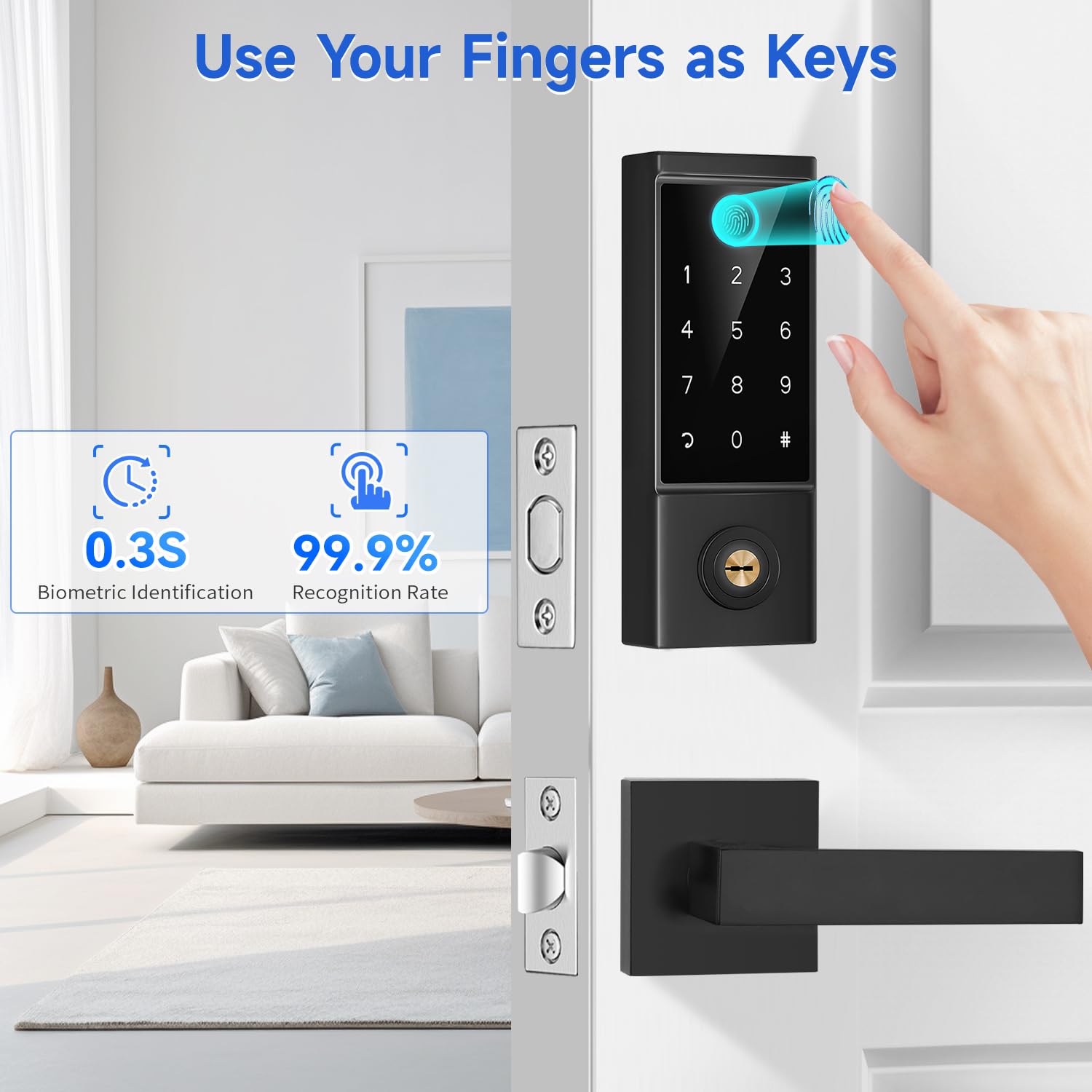 Bebasia App Control Fingerprint Lock With Handle, Heavy Duty Smart Keyless Entry Front Door Lock Set, Keypad Deadbolt With Lever Handles, Smart Locks For Front Door, Anti-Peeping Password Black