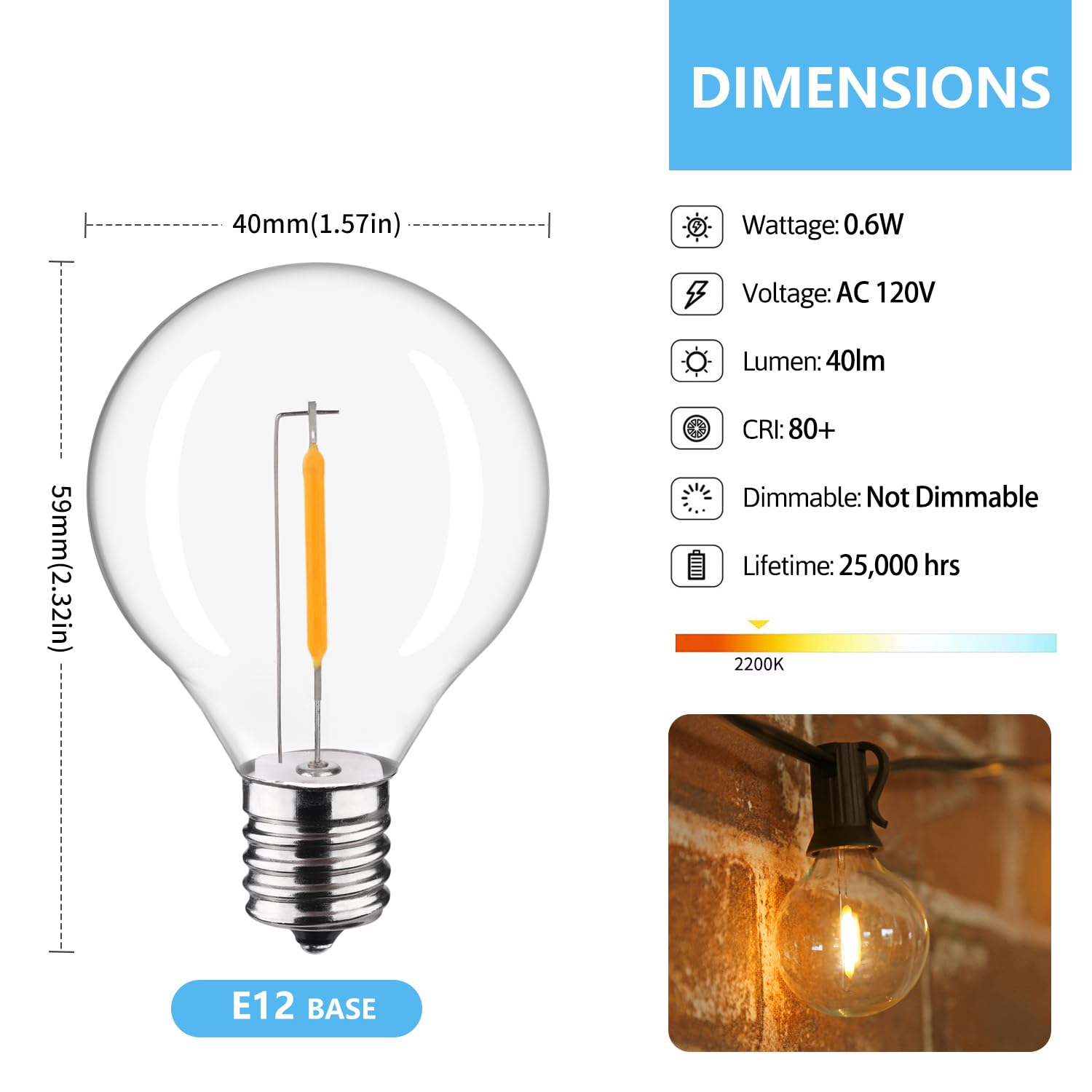 Lieidi 25-Pack G40 Led Replacement Light Bulbs, E12 Screw Base Shatterproof Globe Bulbs For Outdoor String Lights, 0.6Watt Equvalent To 5 Watt Incandescent Bulbs, Warm White 2200K
