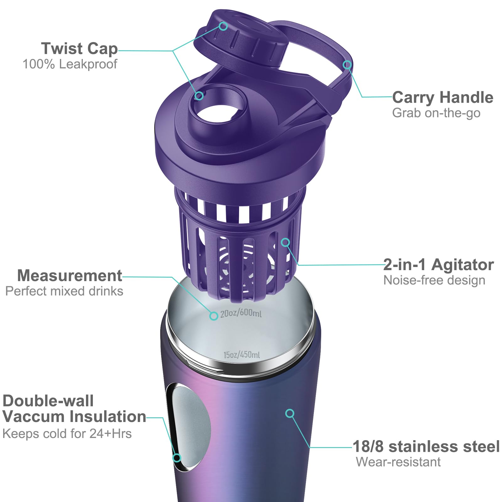 Stainless Steel Shaker Bottle With Noise- Design - Patented 24 Oz Insulated Metal Shakers