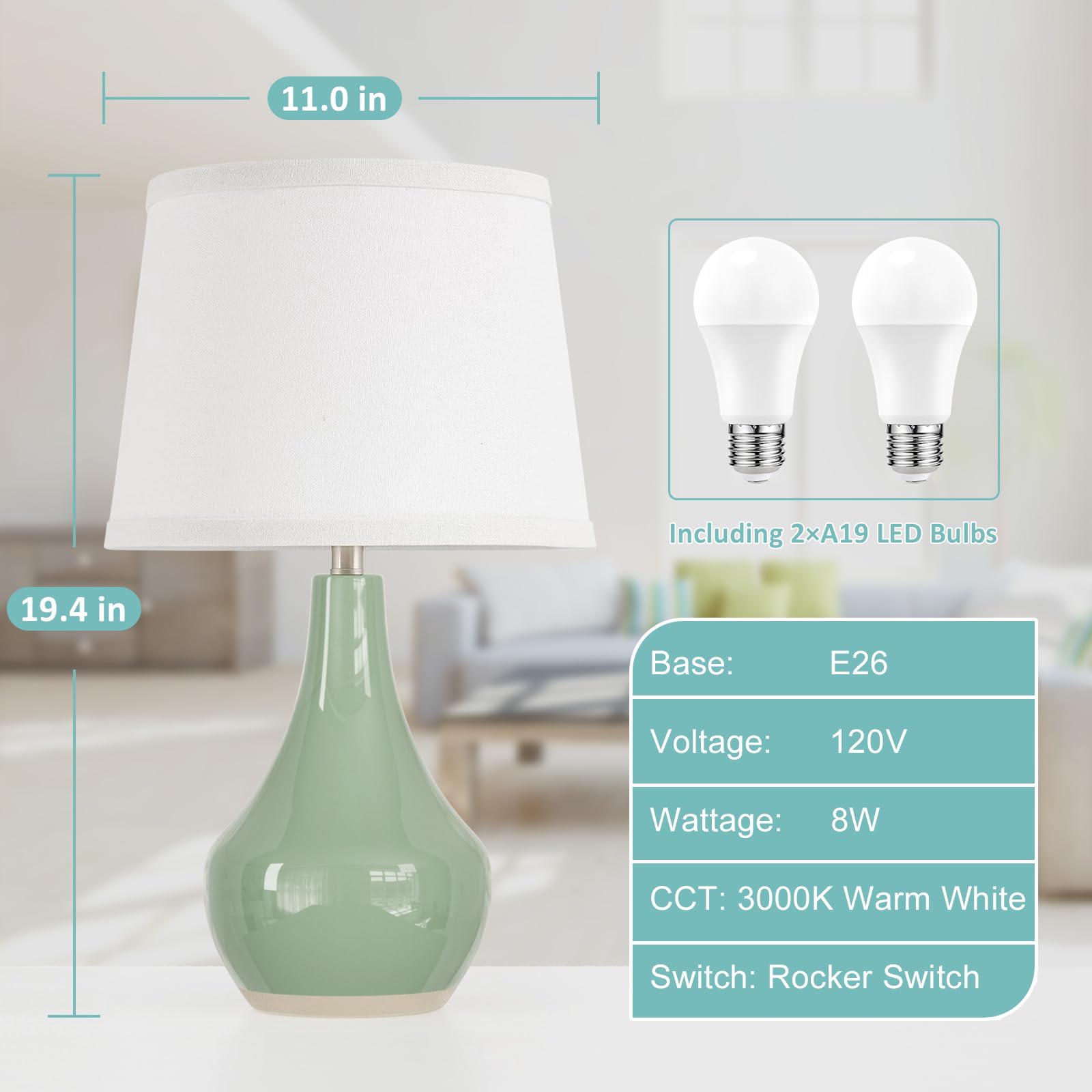 Seealle Modern Green Table Lamps Set Of 2 - Bedside Lamps For Night Stands, 19.4" Bedroom Lamp For Living Room Sage Green Lamps With Rocker Swtich