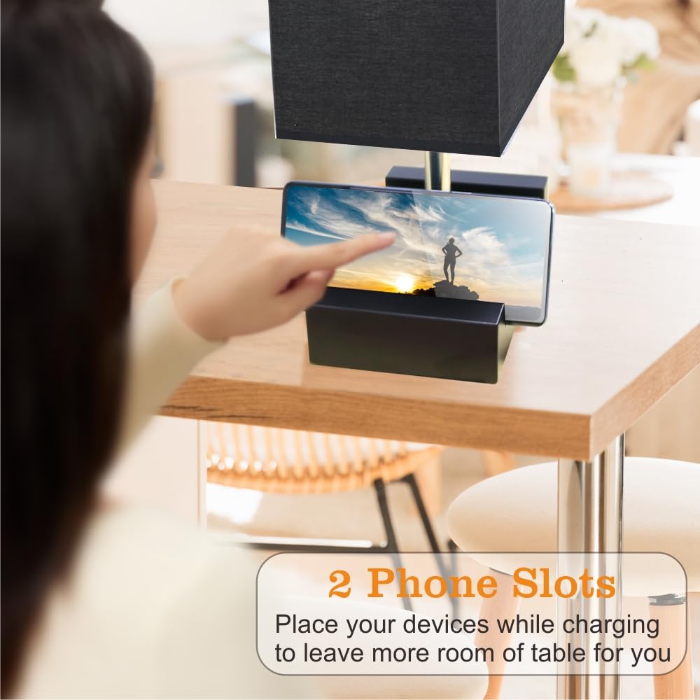 Lifeholder Fully Dimmable Nightstand Lamp For Bedroom With Ac Outlet, Table Lamp With Two Phone Stands, Bedside Lamps, Desk Lamp For Bedroom, Living Room, Led Bulb Included Black
