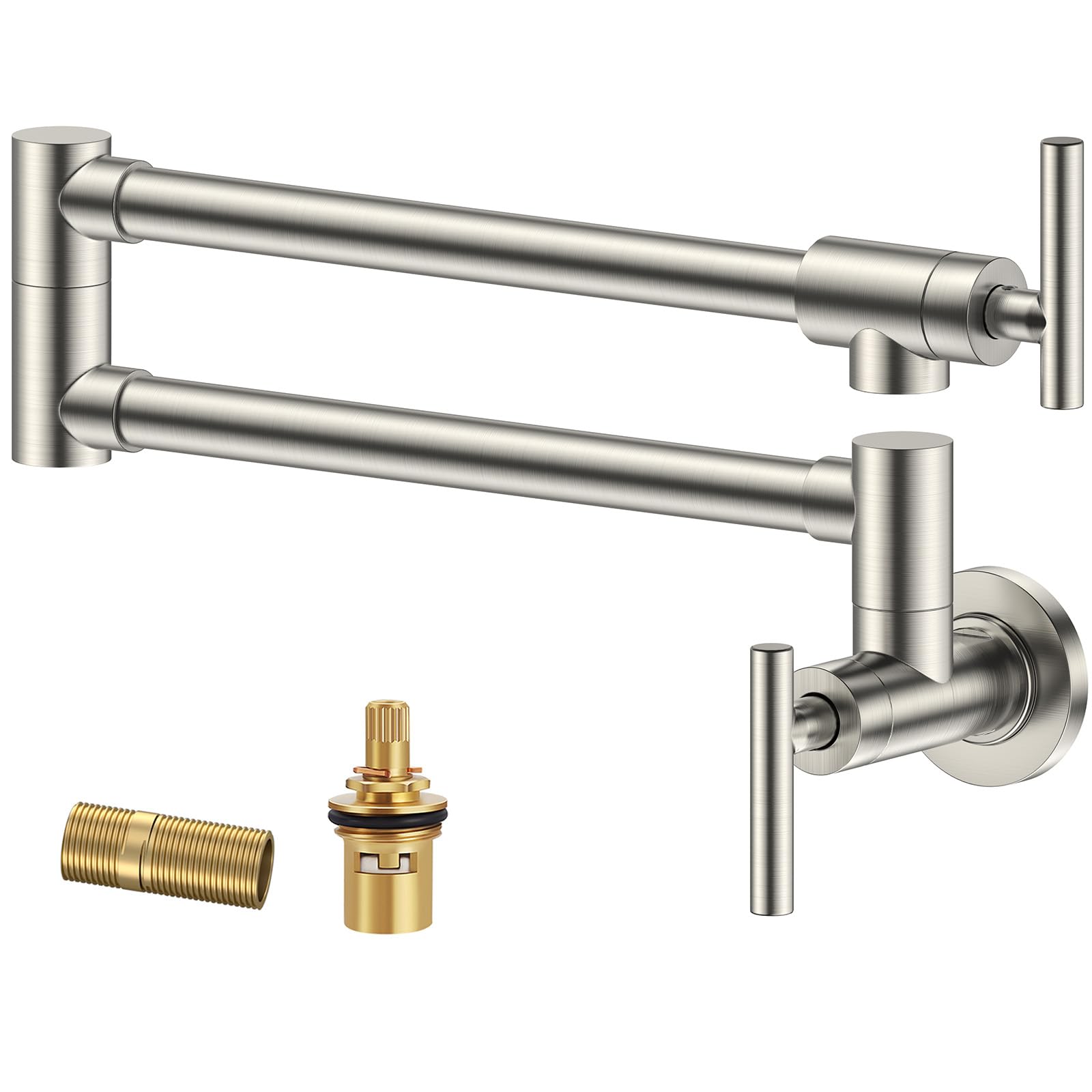 Forious Brushed Nickel Pot Filler Faucet Over Stove, Solid Brass Modern Wall Mount Commercial Folding Faucet With Stretchable Double Joint Swing Arms For Kitchen Restaurant