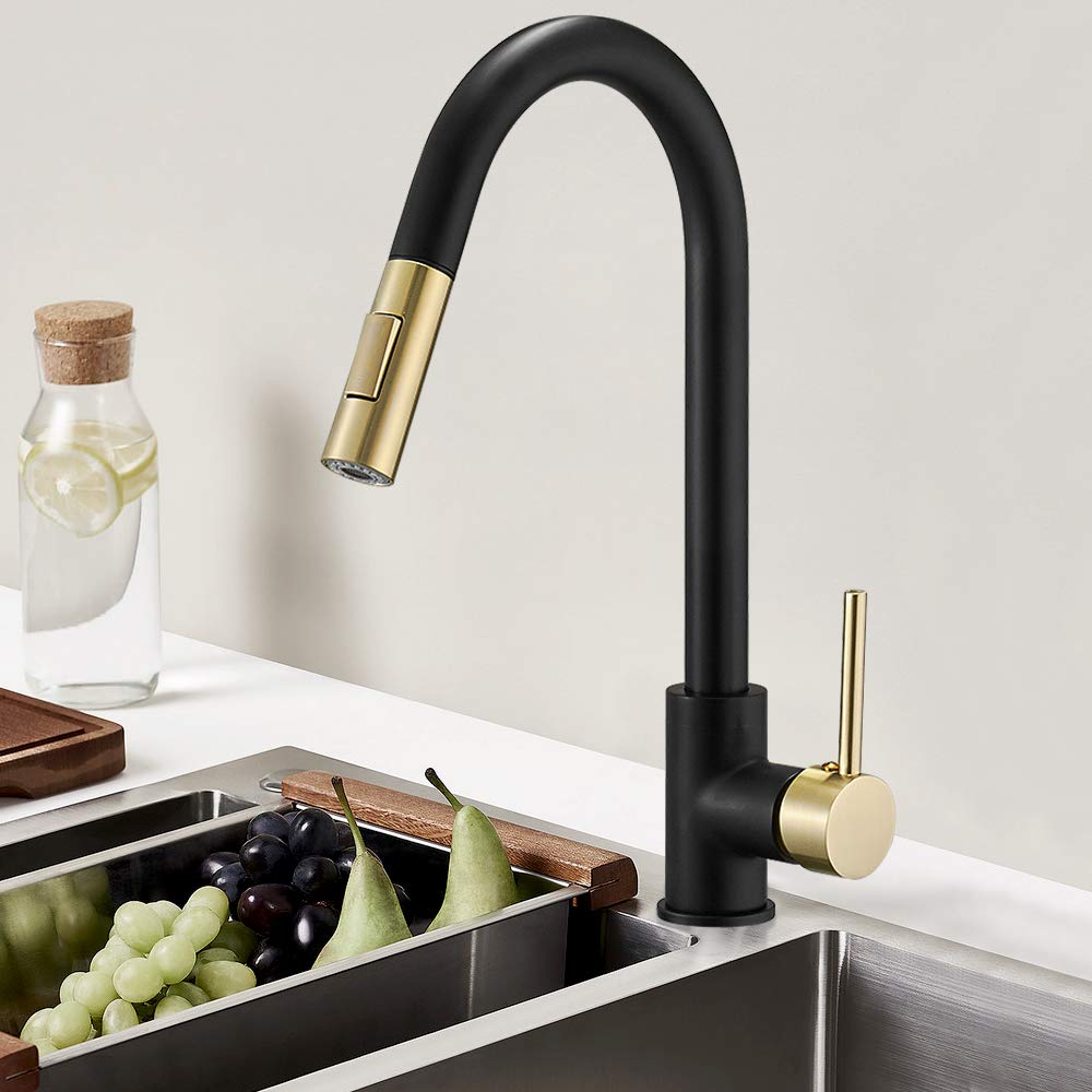 Hoimpro High-Arc Single Handle Kitchen Sink Faucet With Pull Out Sprayer, Modern Rv Kitchen Faucet With Pull Down Sprayer, Touch Water Faucet, Brass/Matte Black & Gold(1 Or 3 Hole)
