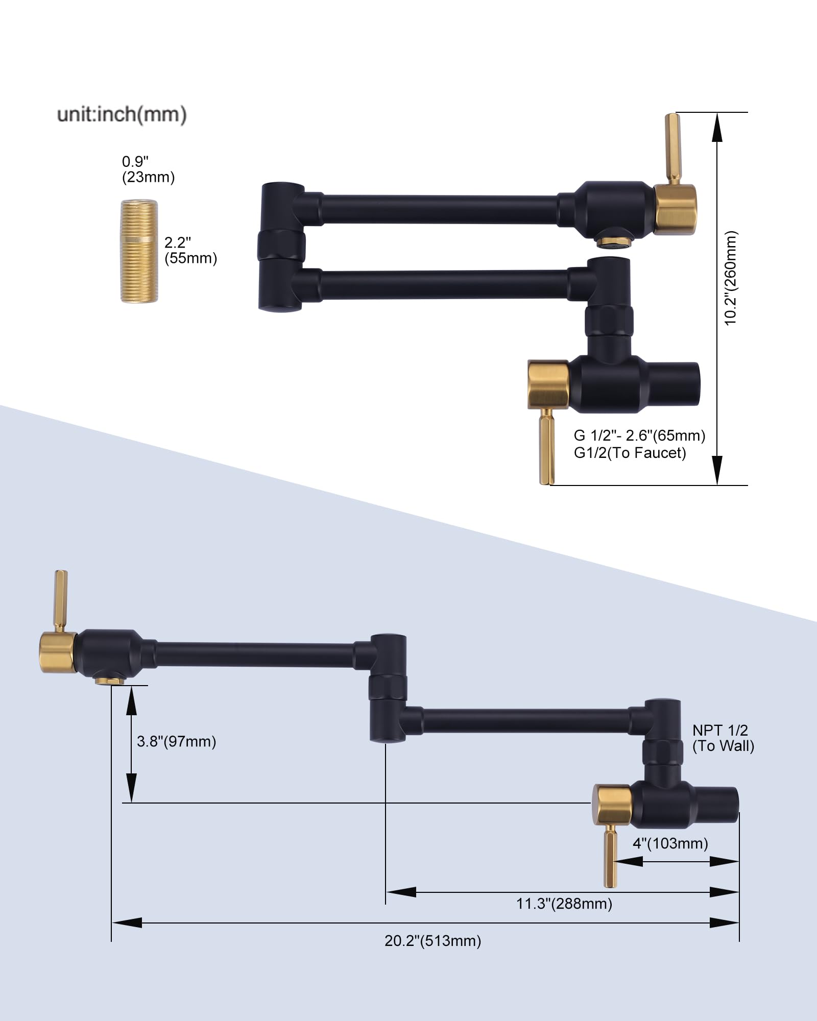 Aleasha Black And Gold Pot Filler Faucet: Solid Brass Made Heavy Duty Pot Filler, Wall Mount Pot Filler 2 Handles With Double Joint Swing Arms Over Stove For Kitchen