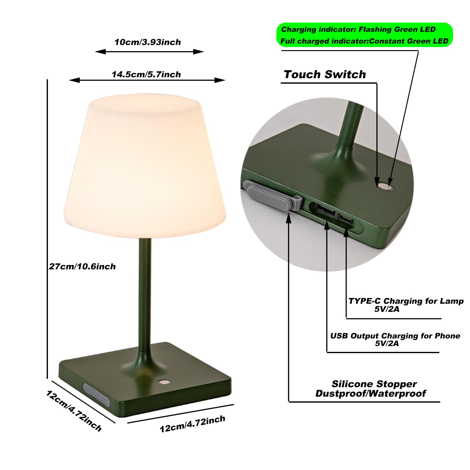 Mywellian Led Cordless Table Lamp Rechargeable,Outdoor Battery Operated Portable Desk Lamp,Shower Lamp Waterproof,4000Mah Led 3 Colors Dimmable Touch Night Lamps-Green