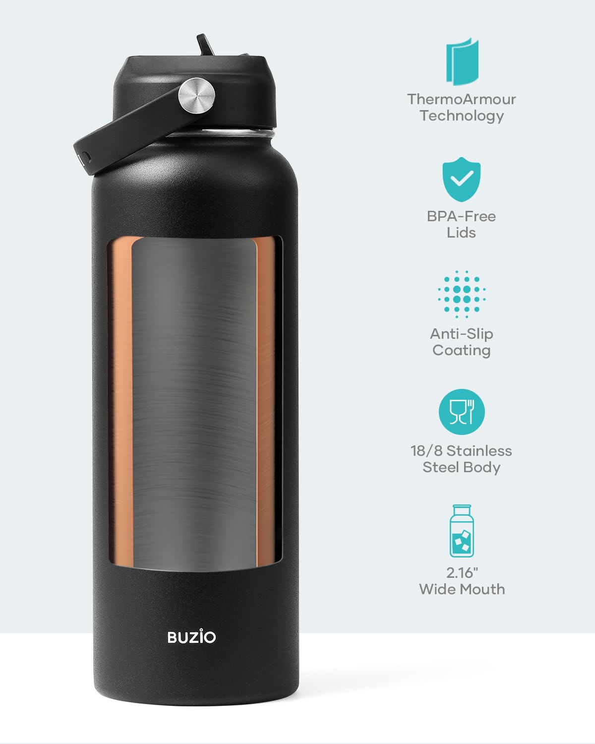 Buzio 40Oz Insulated Water Bottle, Triple Wall Vacuum Stainless Steel Water Flask With 2 Lids