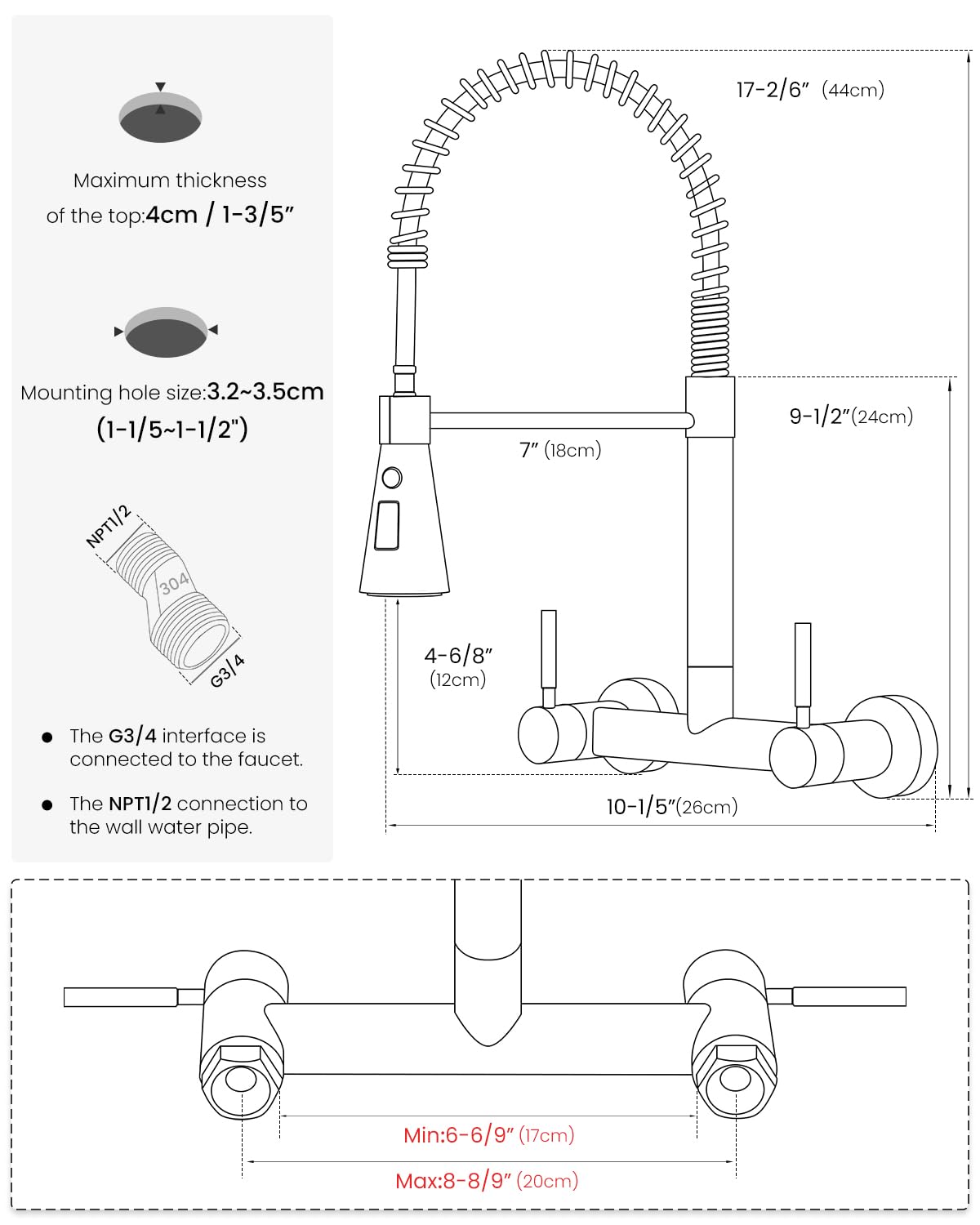 Ajo Bend Wall Mount Kitchen Faucet 2 Handles, 8 Inch Center Wall Commercial Utility Sink Faucet With Pull Out Sprayer 3 Modes, Stainless Steel, Brushed Nickel