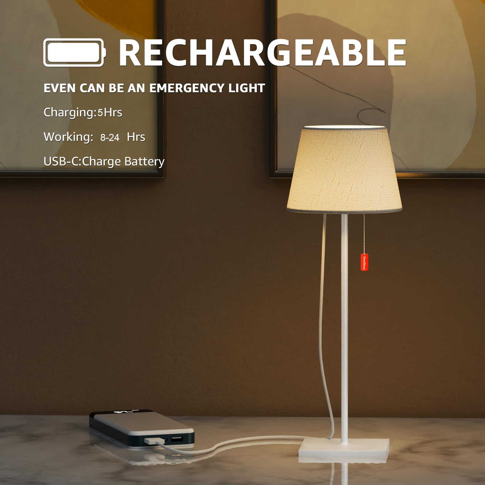 Uuffoo Cordless Lamp With 3-Level Brightness, Led Table Lamp With Built-In Rechargeable Battery, Rechargeable Lamp With Pull Cord, Waterproof For Patio, Ambient For Dining Table, White