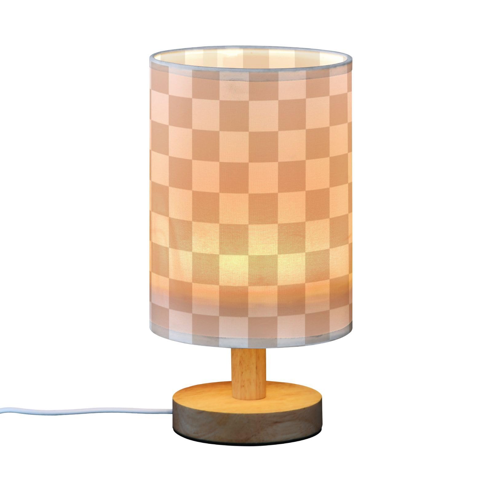 Wevibofu Table Lamp Brown White Checkered Nightstand Lamp With Wood Base Led Bedside Shade Desk Lamp For Bedroom Living Room Dorm Office Decor