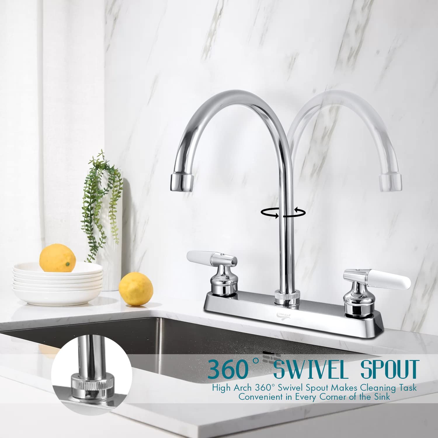 Comvida 2 Handle Kitchen Faucet, High Arc Swivel Spout Stainless Steel Kitchen Sink Faucet, Modern Commercial 3 Hole Kitchen Faucet Solid Brass, Chrome,Us-Cv-80091