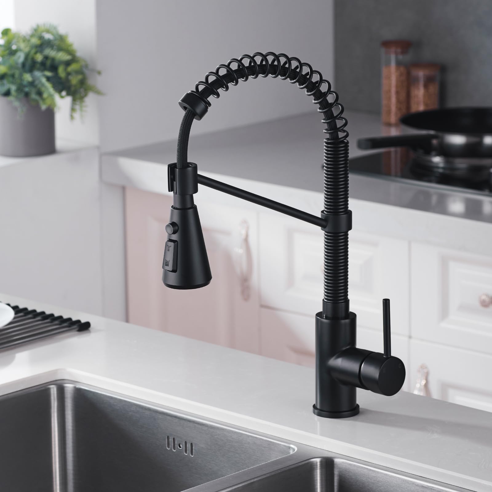 Clovermap Pull Down Kitchen Faucet Sprayer Head Replacement, 3 Mode Kitchen Tap Spray Spout Part Connector, Matte Black Pull Out Sink Spray Nozzle With 9 Adapters