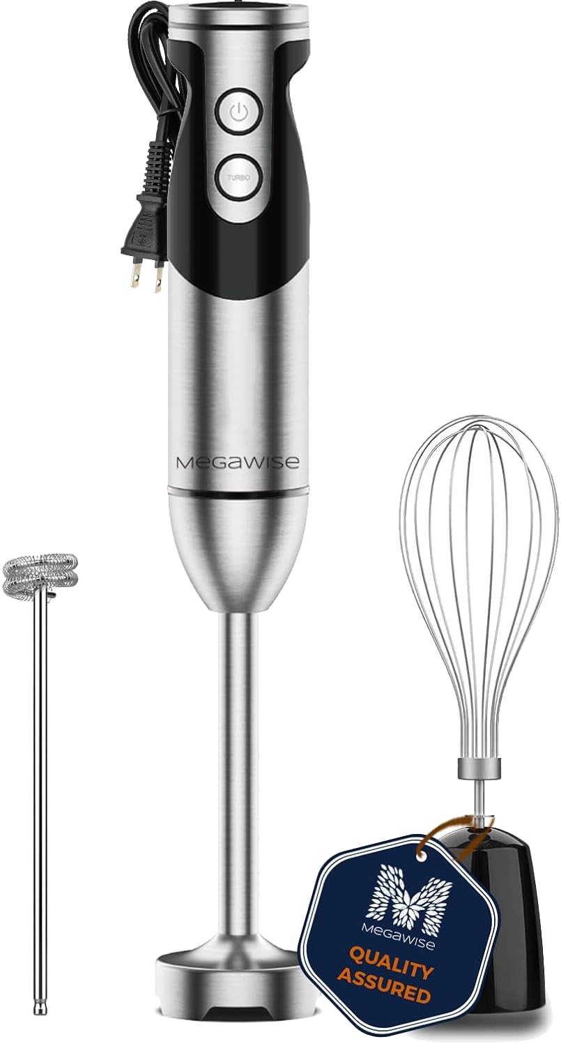 Megawise Pro Titanium Reinforced 3-In-1 Immersion Hand Blender, Powerful Copper Motor With 80% Sharper Blades, 12-Speed Corded Blender, Including Dish Washer Safe Whisk And Milk Frother