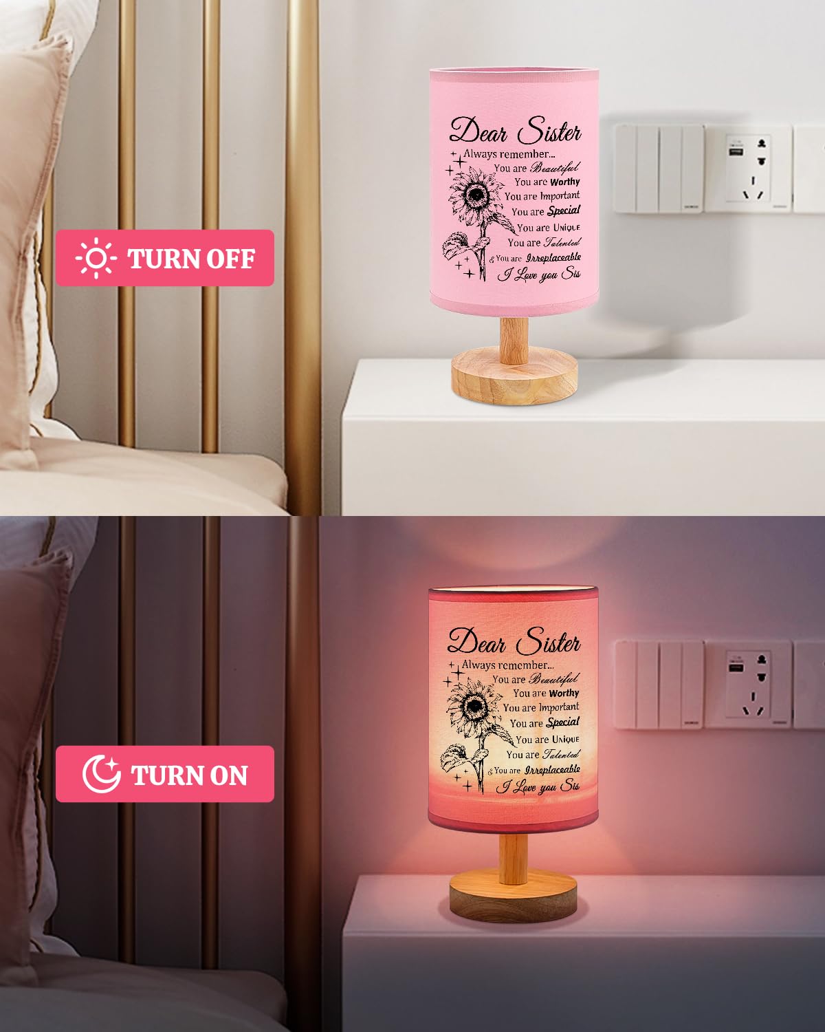 Calibron Sister , Sister Birthday Fabric Lamp, Birthday For Sister, Sisters From Sister Table Lamp With Wooden Stand, Anniversary Wedding For Sister (Pink)