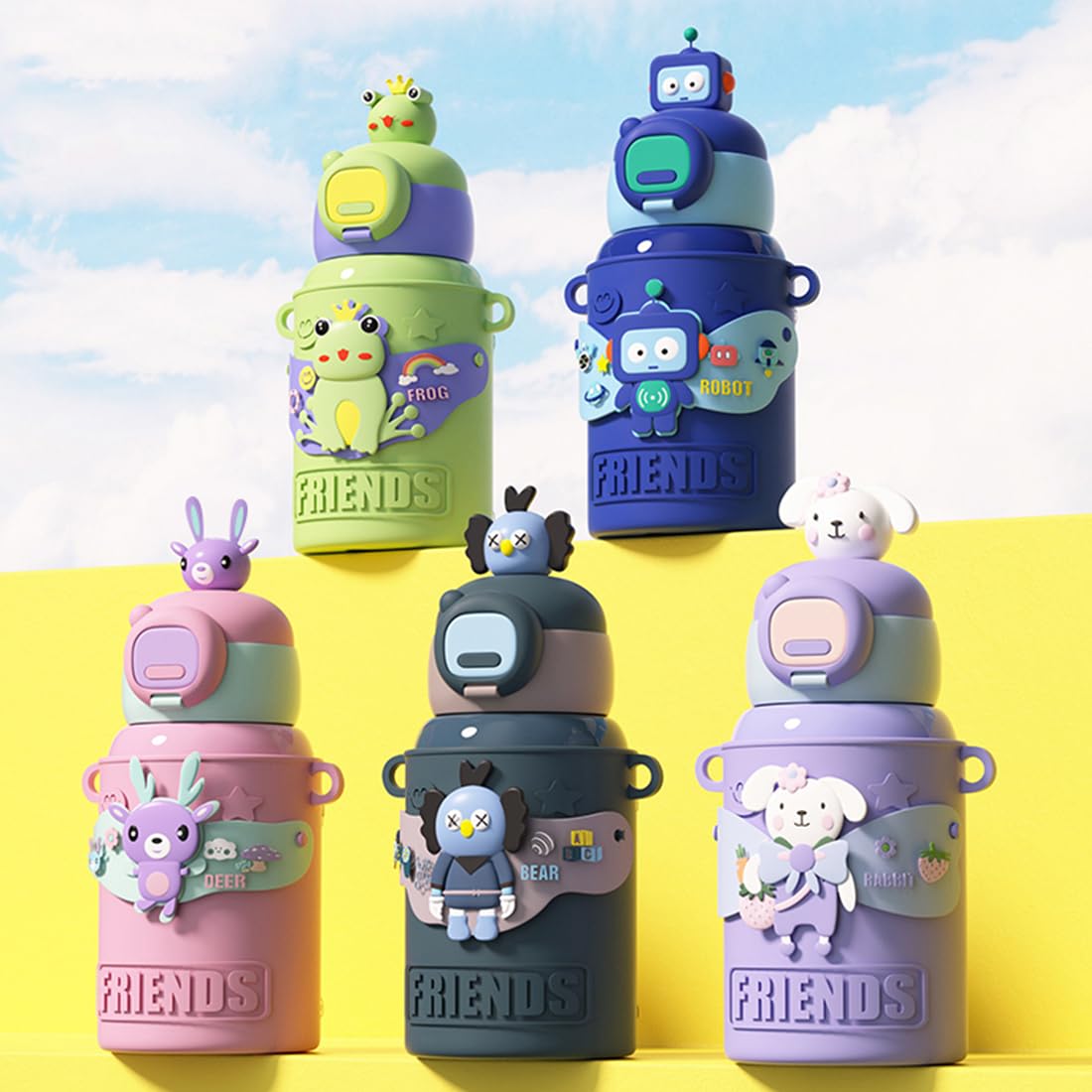 Cute Insulated Water Bottle With Straw Strap Kids, 15 Oz Metal Cups For Hot And Cold Drinks,
