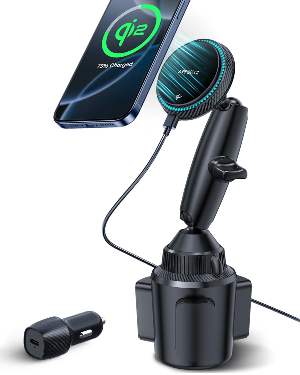 Apps2Car For Qi2 Magsafe Cup Holder Charger, Car Mount Charger 15W Fast Charging, Wireless Magnetic Cell Phone Stand With Tri-Pivot Arm For Iphone 16 15 14 13 12 Pro Max Mini