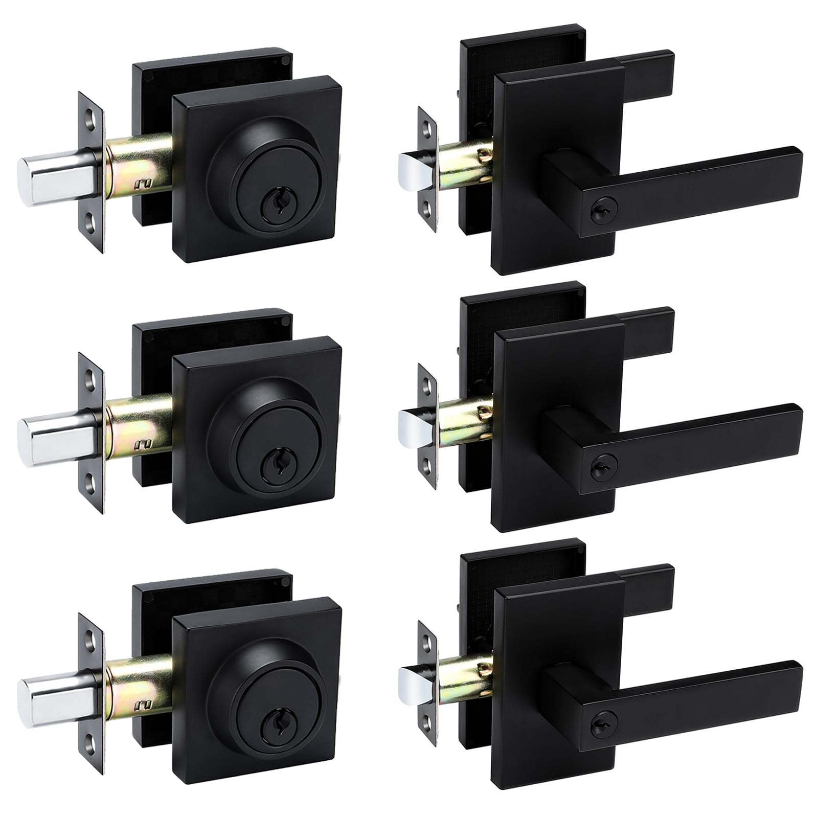 Goldenwarm 3 Pack Black Door Handle With Deadbolt, Square Contemporary Matte Black Exterior Door Lock Set With Deadbolt, Heavy Duty Zinc-Alloyed Front Entry Door Locksets With Deadbolt