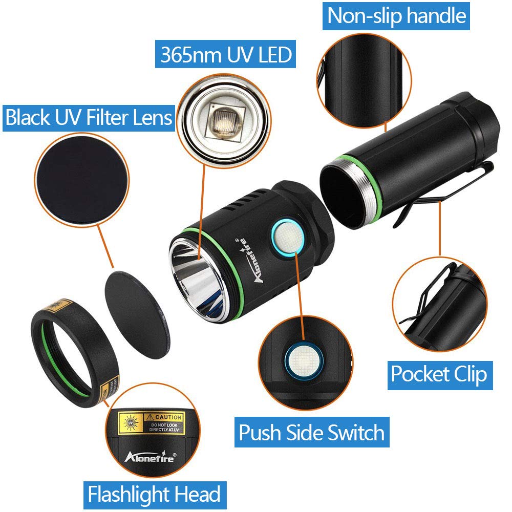 Alonefire X901Uv 365Nm Uv Flashlight 10W Blacklight Usb C Rechargeable Ultraviolet Black Light For Pet Urine Detector, Scorpion, Resin, Bed Bug, Fishing, Rocks With Uv Protective Glasses, Battery