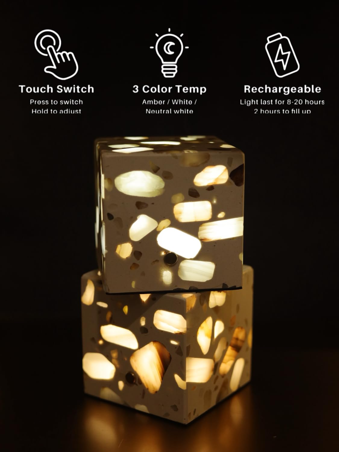 Fonglight Jade Cube Table Lamp- Rechargeable Touch Dimmer,3 Color Modes, 3.94-Inch,Unique Stone Texture,Unique Art Décor For Home/Bedside/Office(Ivory White)