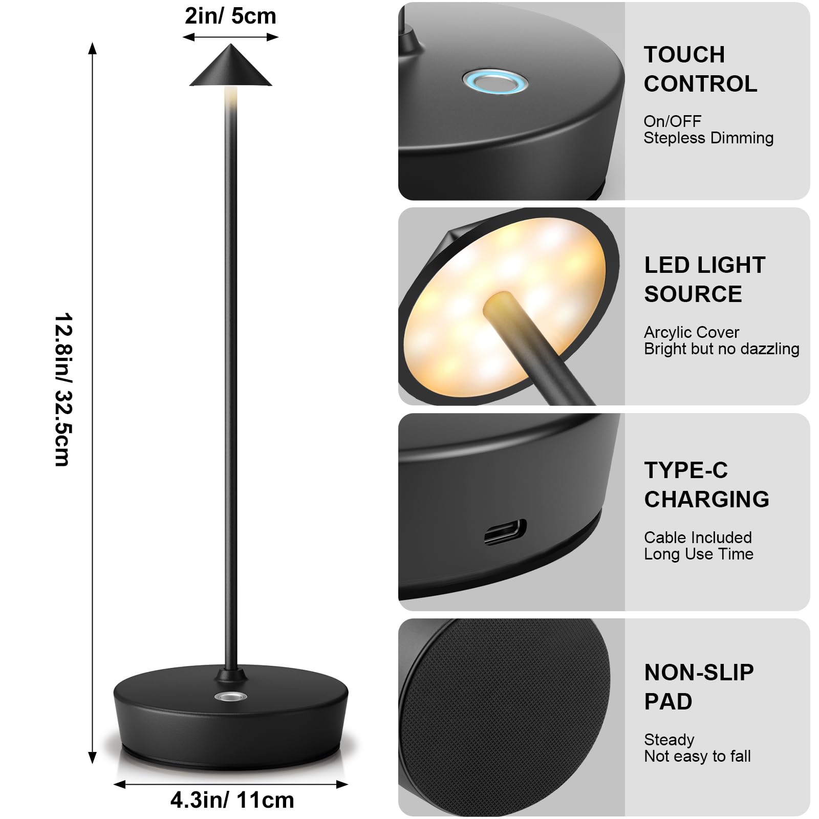 Yiben 2Pack Rechargeable Cordless Table Lamp, Portable Powered Led Battery 6000Mah Metal Usb Desk Lamp, 3 Levels Brightness Light For Restaurants Outdoor (2Pack Black)
