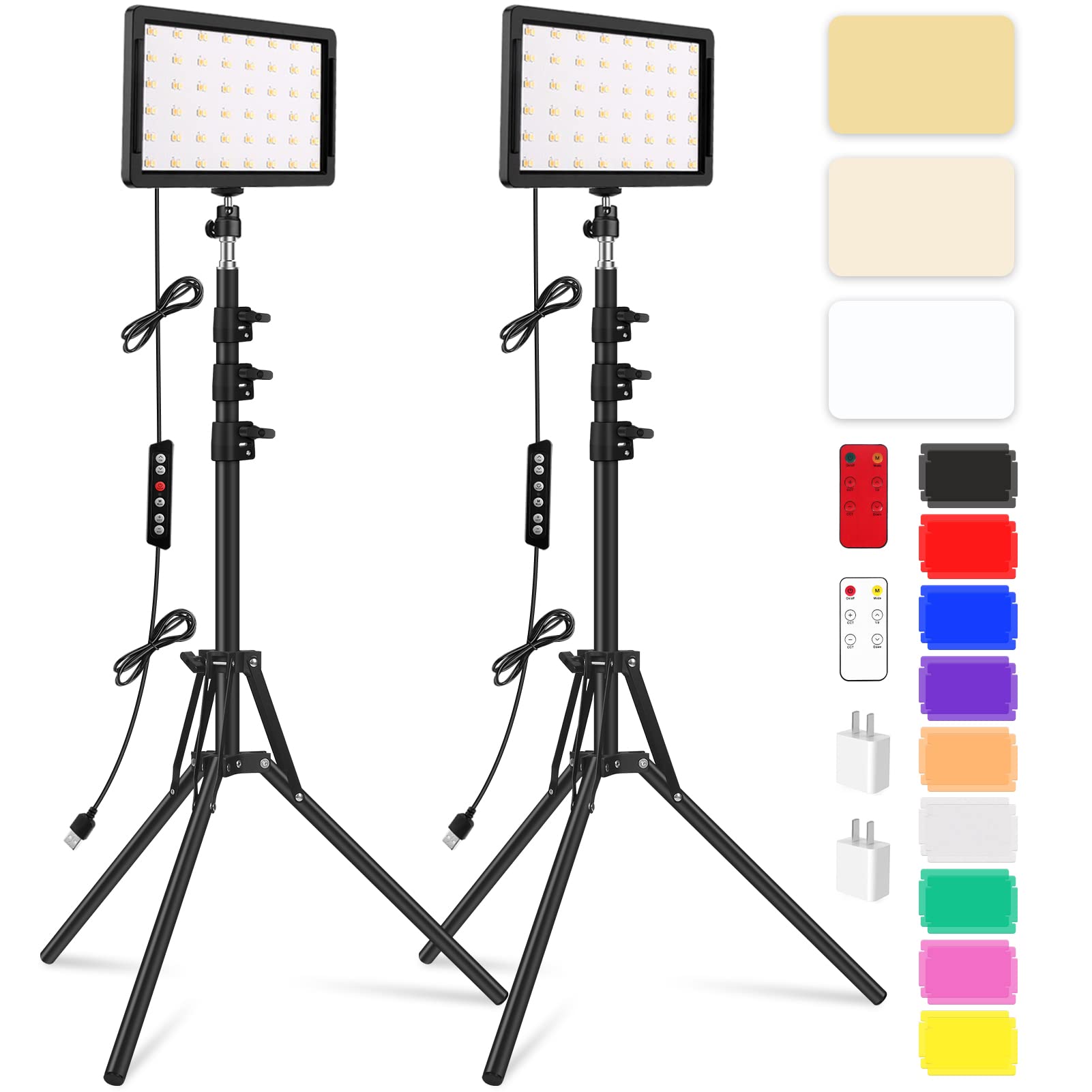Unicucp 2 Packs Led Video Light Kit With 61.99" Tripod Stand, Dimmable 2400-6800K Photography Lighting For Studio Portraits/Youtube/Zoom Meeting/Live Stream/Makeup, 9 Color Filters/Usb Wall Charger