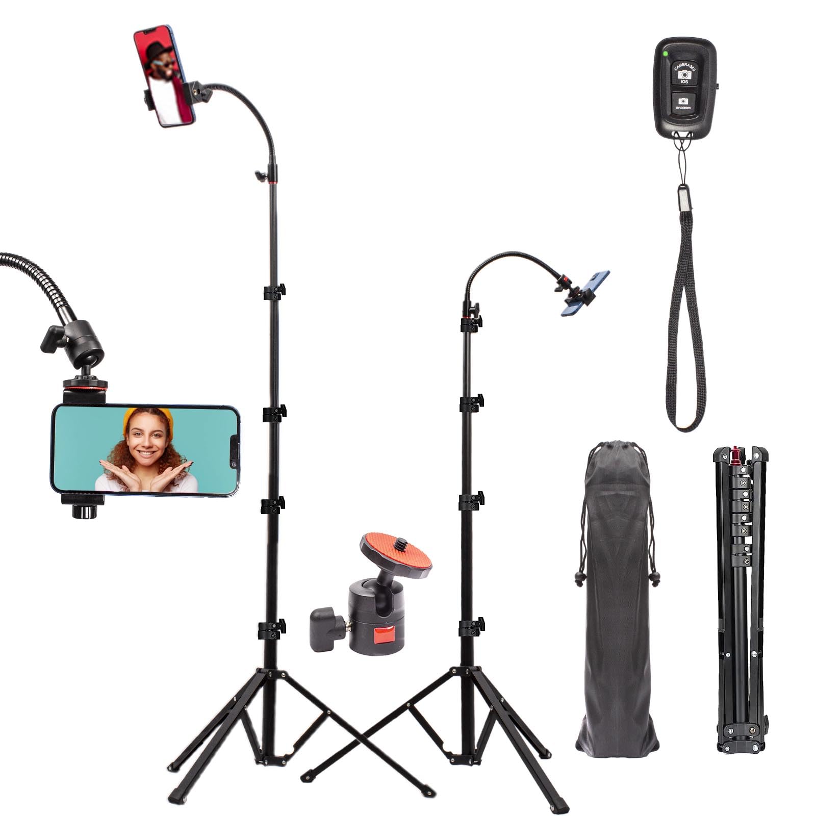 Qualiassu Adjustable Gooseneck Phone Tripod With Carry Bag, 360 Swivel Head, Clamp For Iphone 16/Pro/Pro Max/Plus/15/14/13/12/11, S22/S21