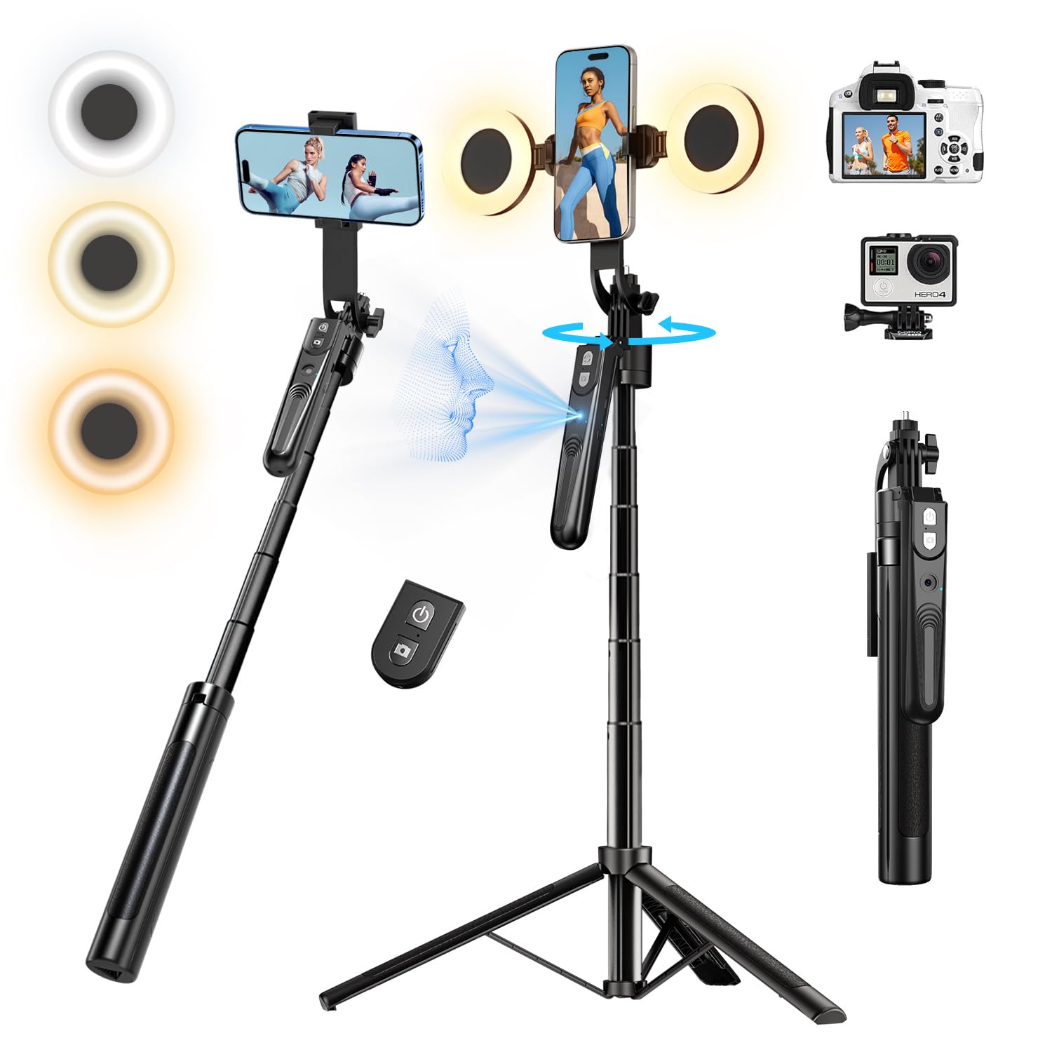 Stjiatu Auto Face Tracking Tripod With 360 Rotation Stand, 70.9" Ai Motion Tracking, Selfie Stick Rotation With Remote, Motion Sensor Phone Stand, For Vlog/Live Stream/Video Recording