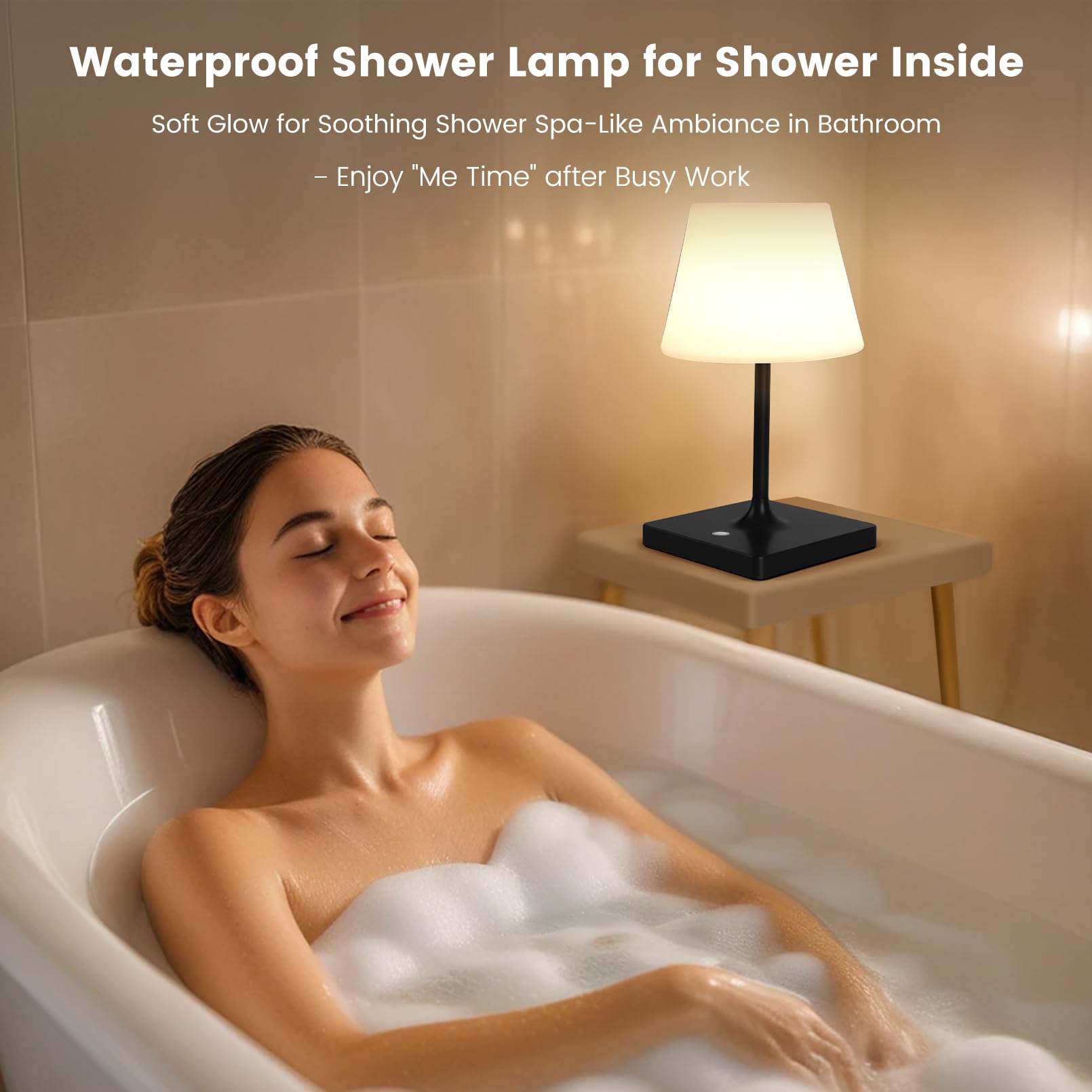Gohoki Women'S Table Lamp Battery-Operated: Warm-Lighting & Waterproof Small Lamp With Metal Base - Bathroom Shower Spa-Like For Aged 25-34 Wellness Lifestyle (Black)