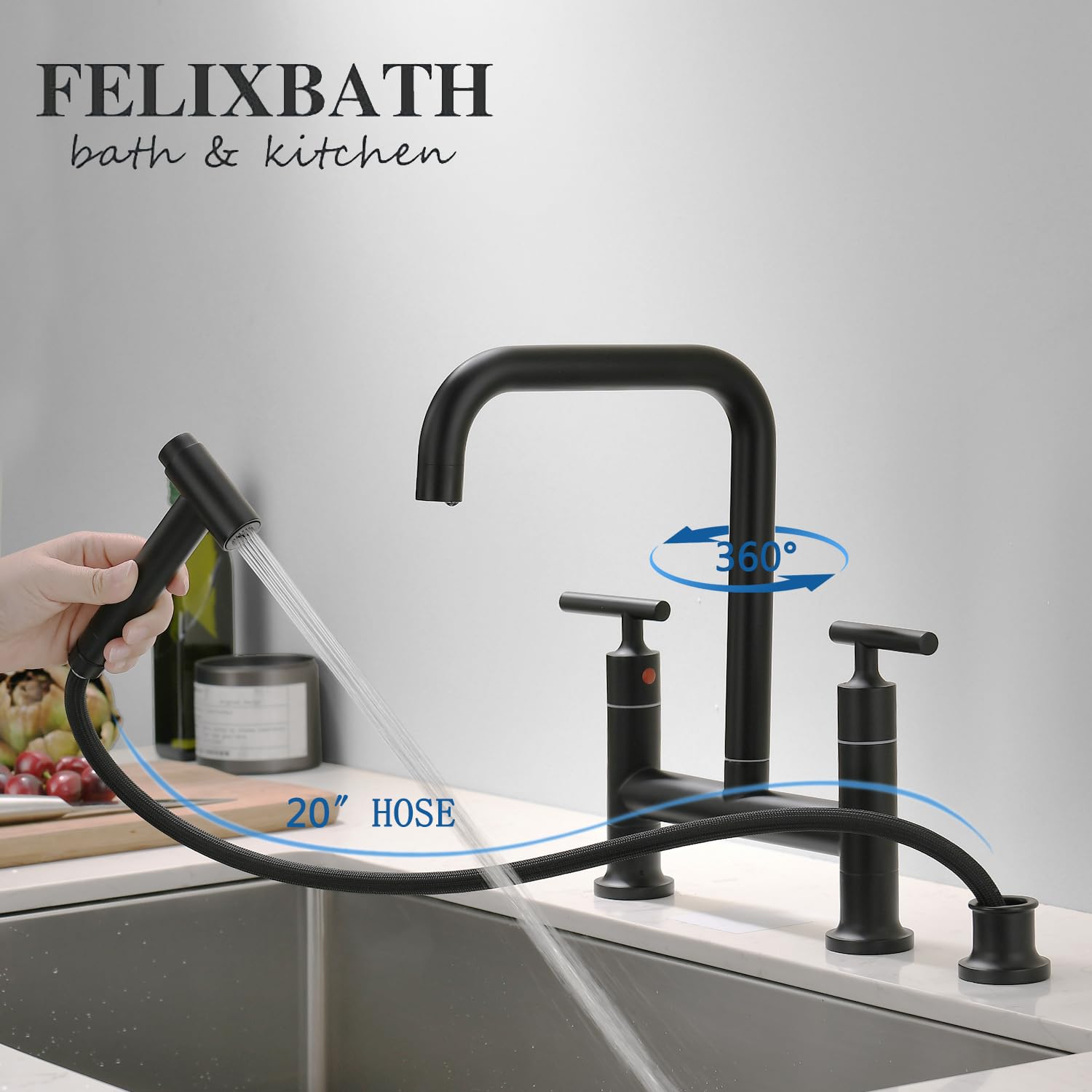 Felixbath Kitchen Bridge Faucet With Side Sprayer, 2 Handles 3 Holes Brass Kitchen Faucet 8 Inch Deck Mount Kitchen Sink Faucet, Matte Black (Cp026B)