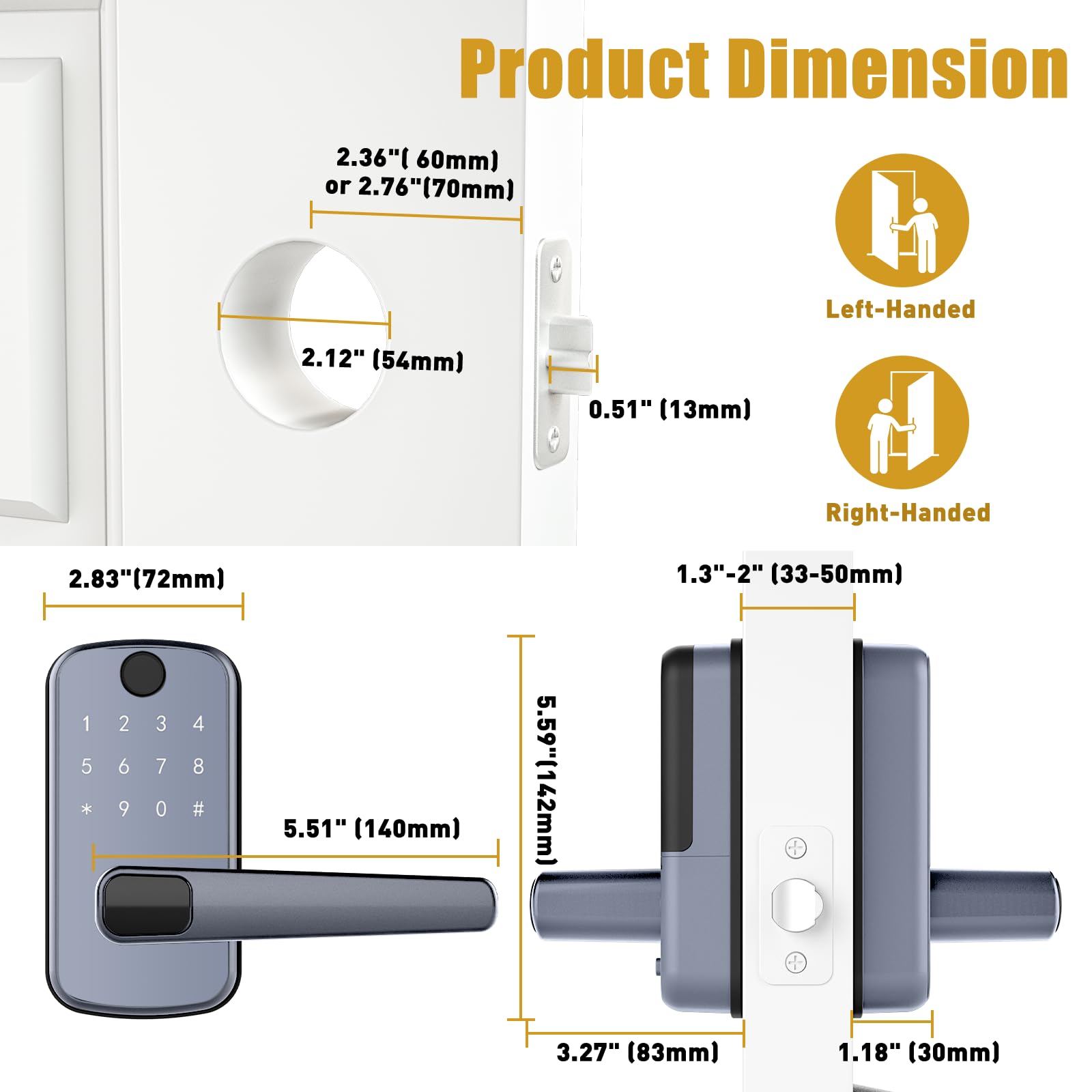 Olumat Smart Door Lock With Handle: Keyless Entry Door Lock With Keypad, Fingerprint, And App Control - Biometric Door Lock For Home Security - Easy Installation (Silver Gray)