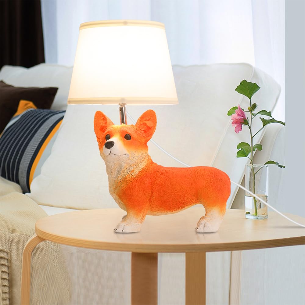 Yltlink Corgi Cute Desk Lamp,Animal Lamp,Resin Dog Statue Puppy Bedside Lamps For Bedroom,Unique Table Lamps Home Office,Room Light For Kids Adults,360°Rotating Fabric Lampshade,Fun Livingroom Decor
