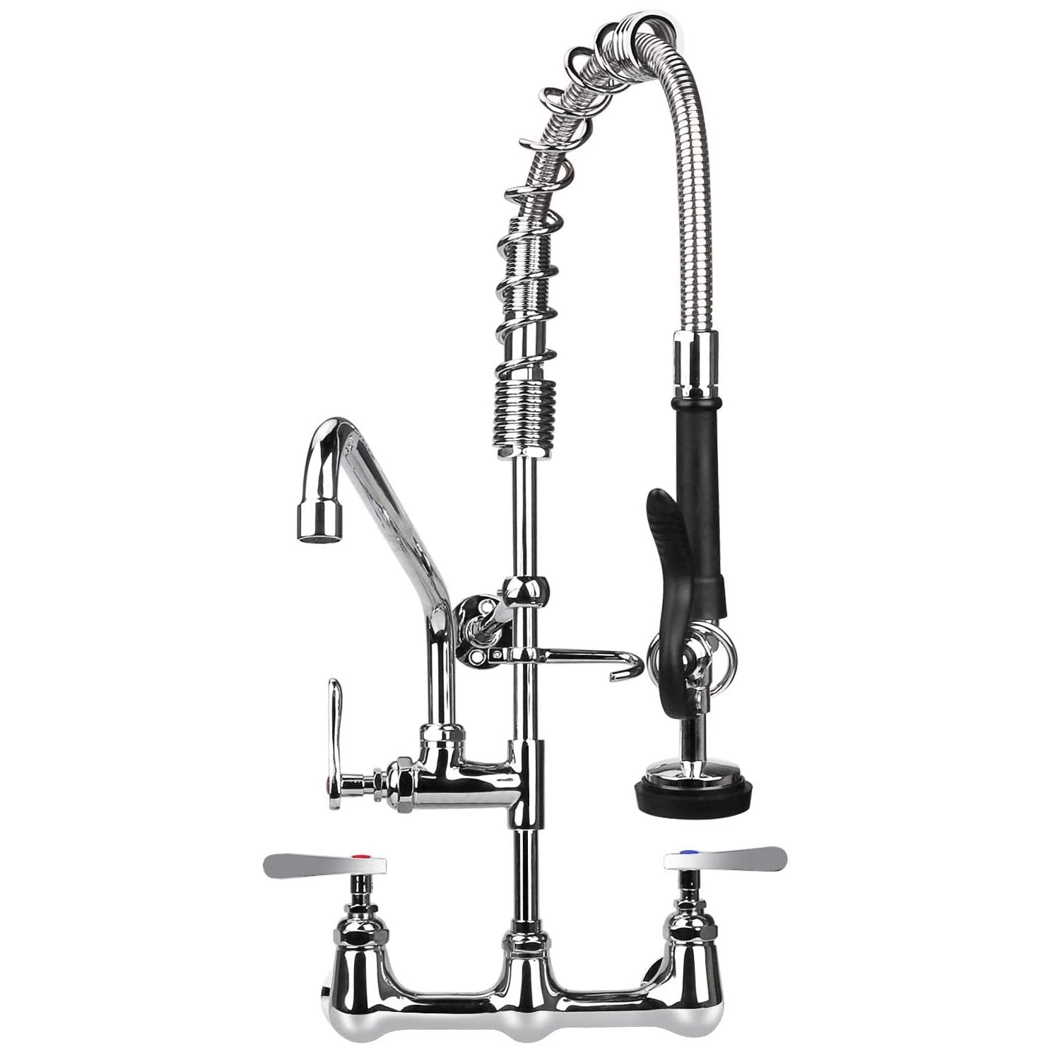 Kwode Commercial Sink Faucet With Pre-Rinse Sprayer 8 Inch Center Wall Mount Kitchen Faucet 25” Height Compartment Sink Faucet With 12” Swivel Spout For Restaurant Industrial, Brass Chrome Finish