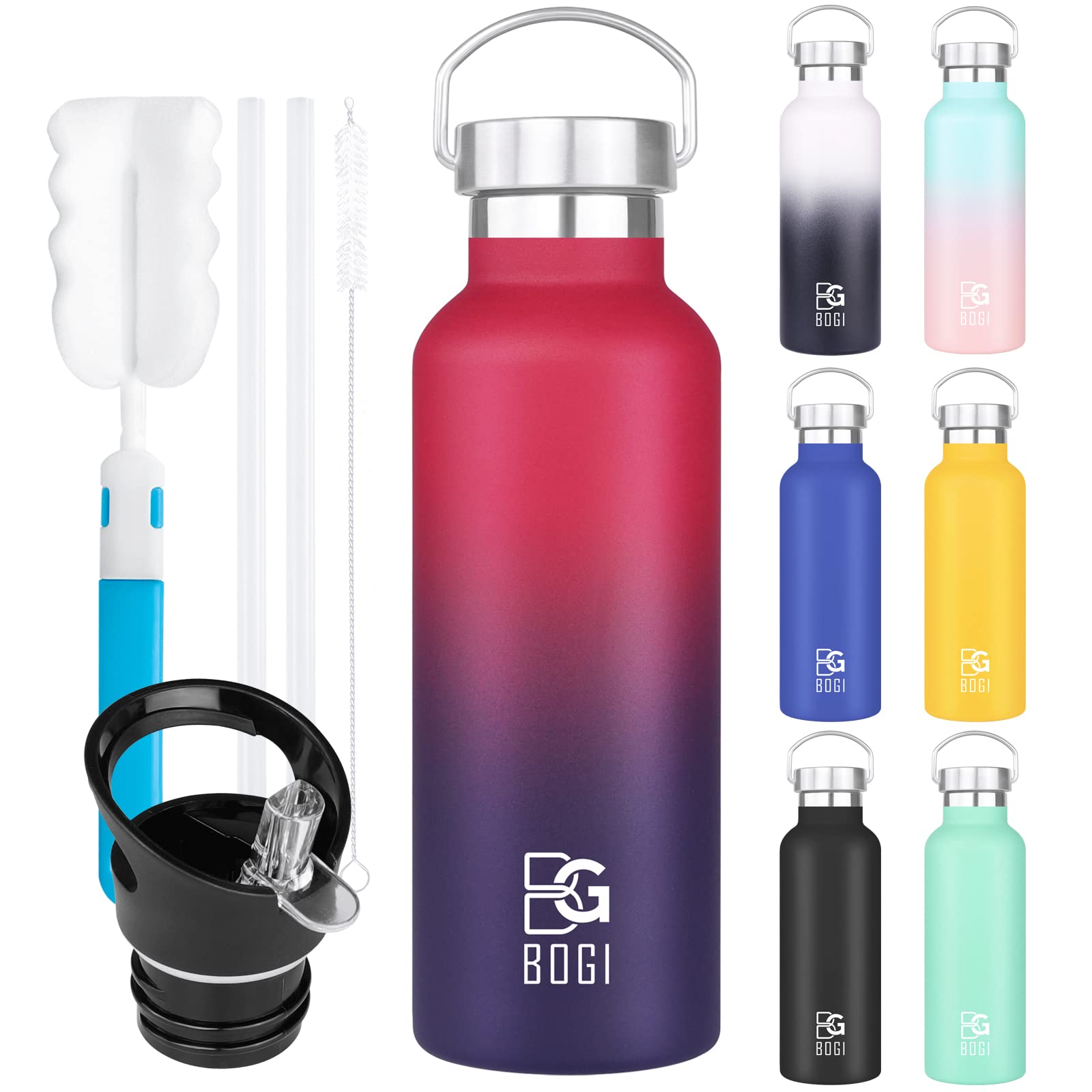 Bogi Insulated Water Bottle 24Oz, Wide Mouth Stainless Steel Water Bottles Leakproof Metal Water