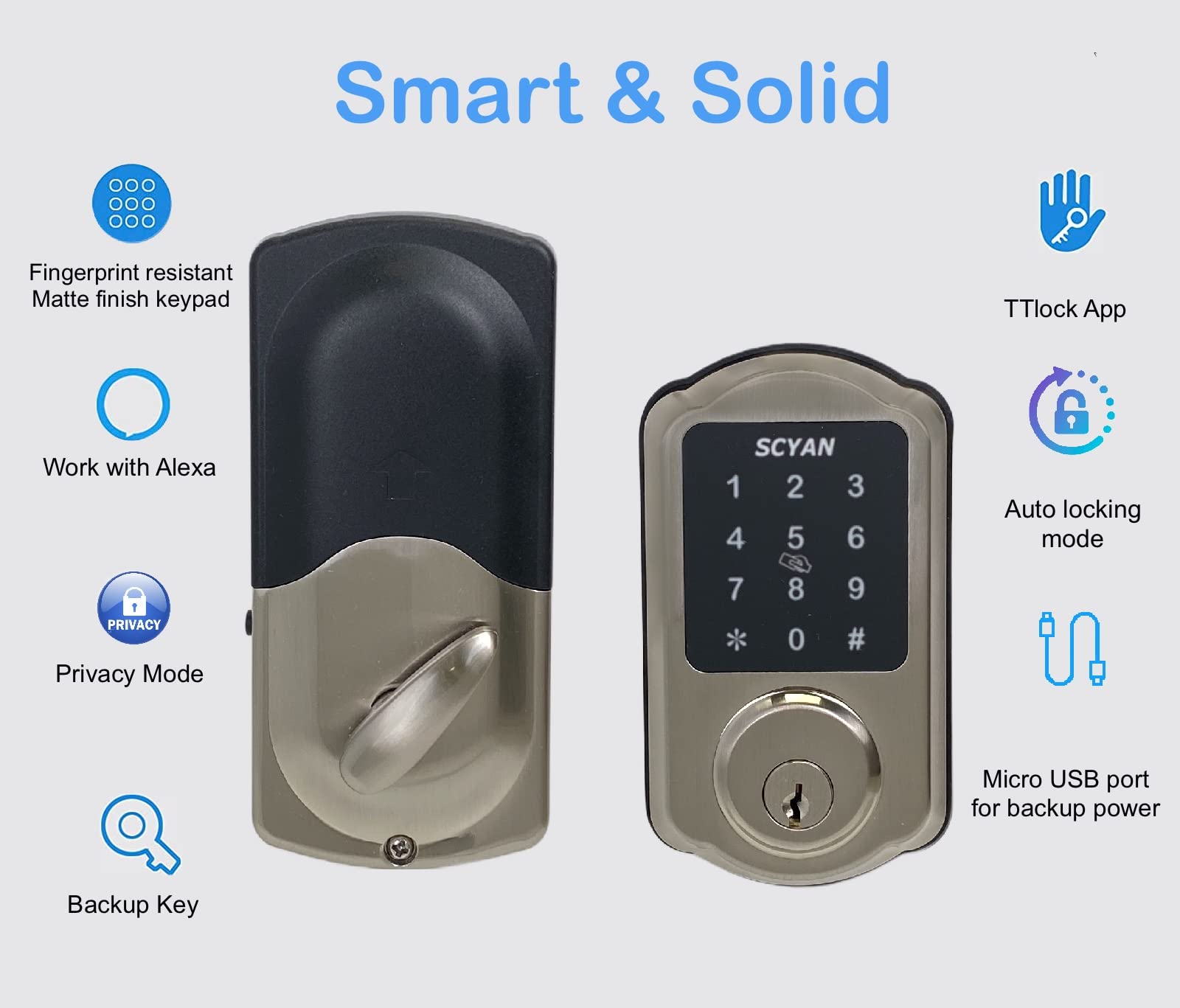 Scyan Smart Deadbolt Lock, D1 Deadbolt With Touchscreen Keypad, Keyless Entry Door Lock, Auto Locking, For Home, Airbnb, Rental House (Satin Nickel)