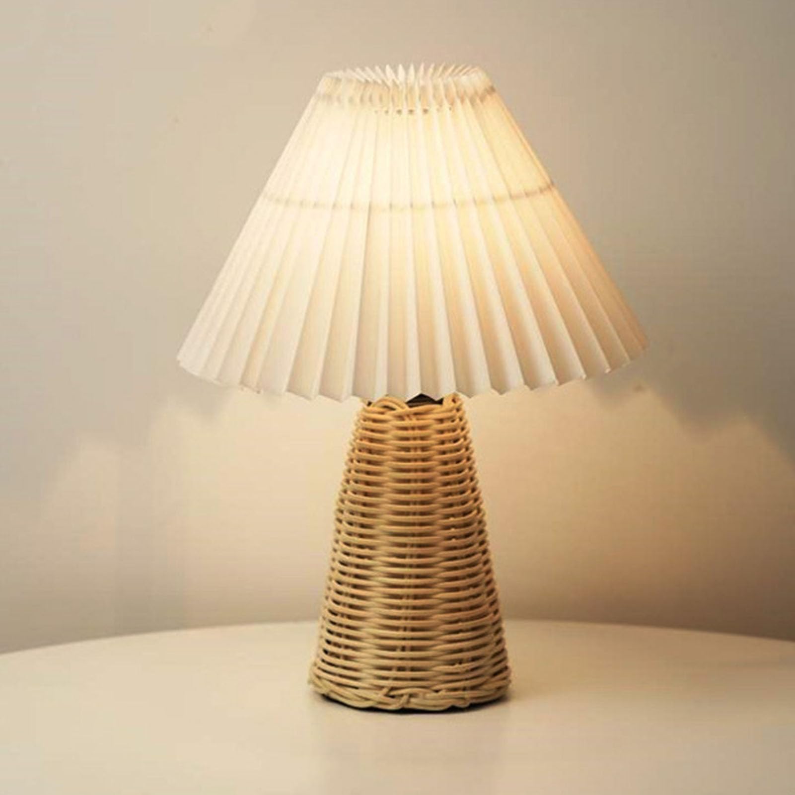 Shenruifa Pleated Table Lamp Bedside Night Lamp With Rattan Base Vintage Soft Warm Light For Bedroom Decoration