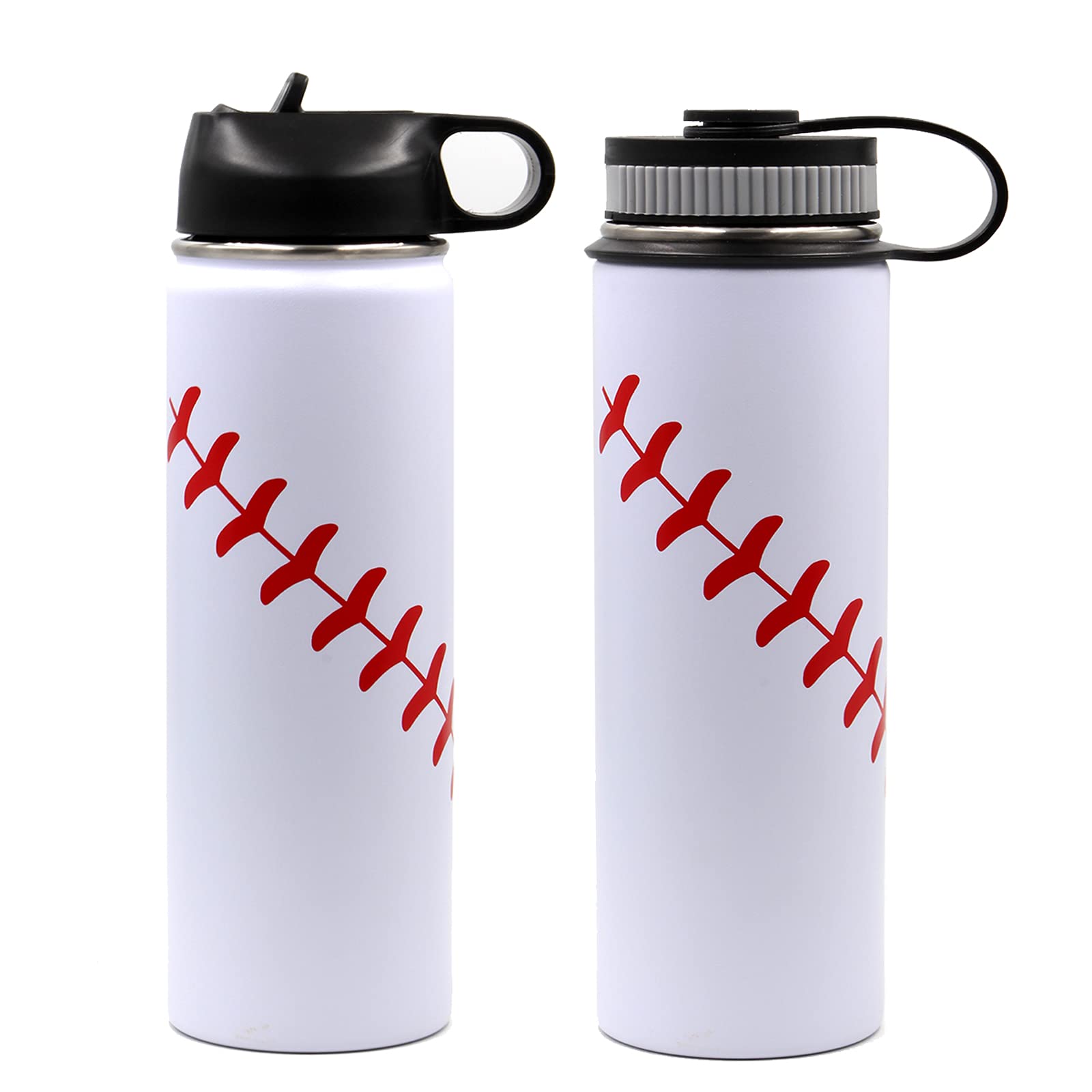 22 Oz Baseball Water Bottle, Flask Sports Metal Thermo Tumbler With 2 Lids, Stainless Steel Double