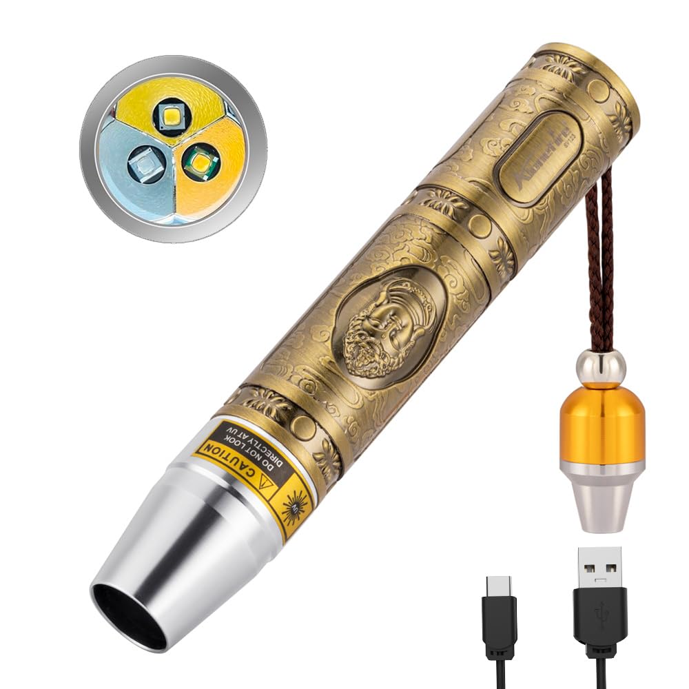 Alonefire Sv123 Edc Flashlight Small 365Nm Uv Blacklight, Yellow And White Light Gemstone Flashlight Usb C Rechargeable Pet Urine Detector For Rocks Jewelry With Little Focusing Tip,Built-In Battery