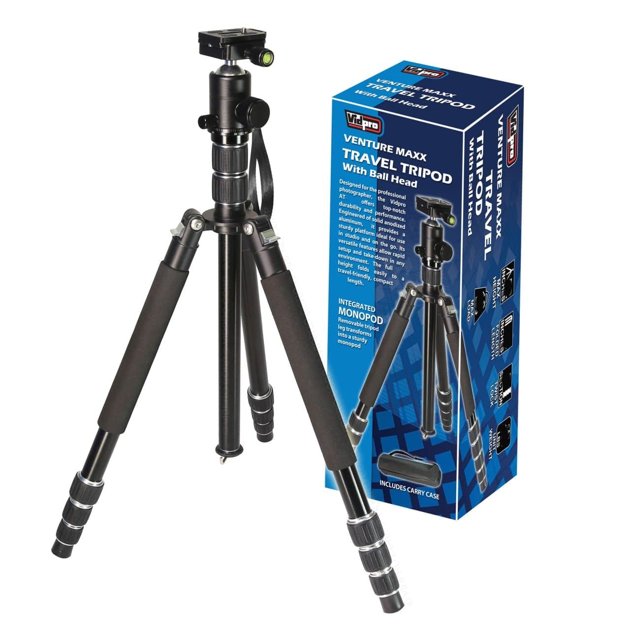 Vidpro Venturemaxx At-77 Professional 77-Inch Aluminum Travel Tripod And Monopod In One With Ball Head - Compact And Lightweight Complete Tripod Unit With Quick-Release Plate Comes With Carrying Case