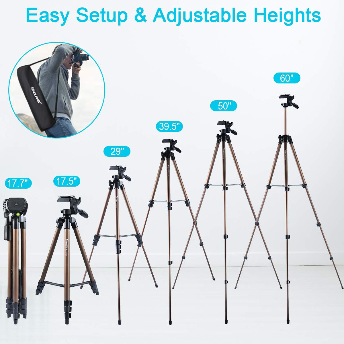Endurax 60'' Tripod For Camera Canon Nikon Dslr, Camera Phone Tripod With Universal Holder, Carry Bag, Max. Load 6.6 Lbs