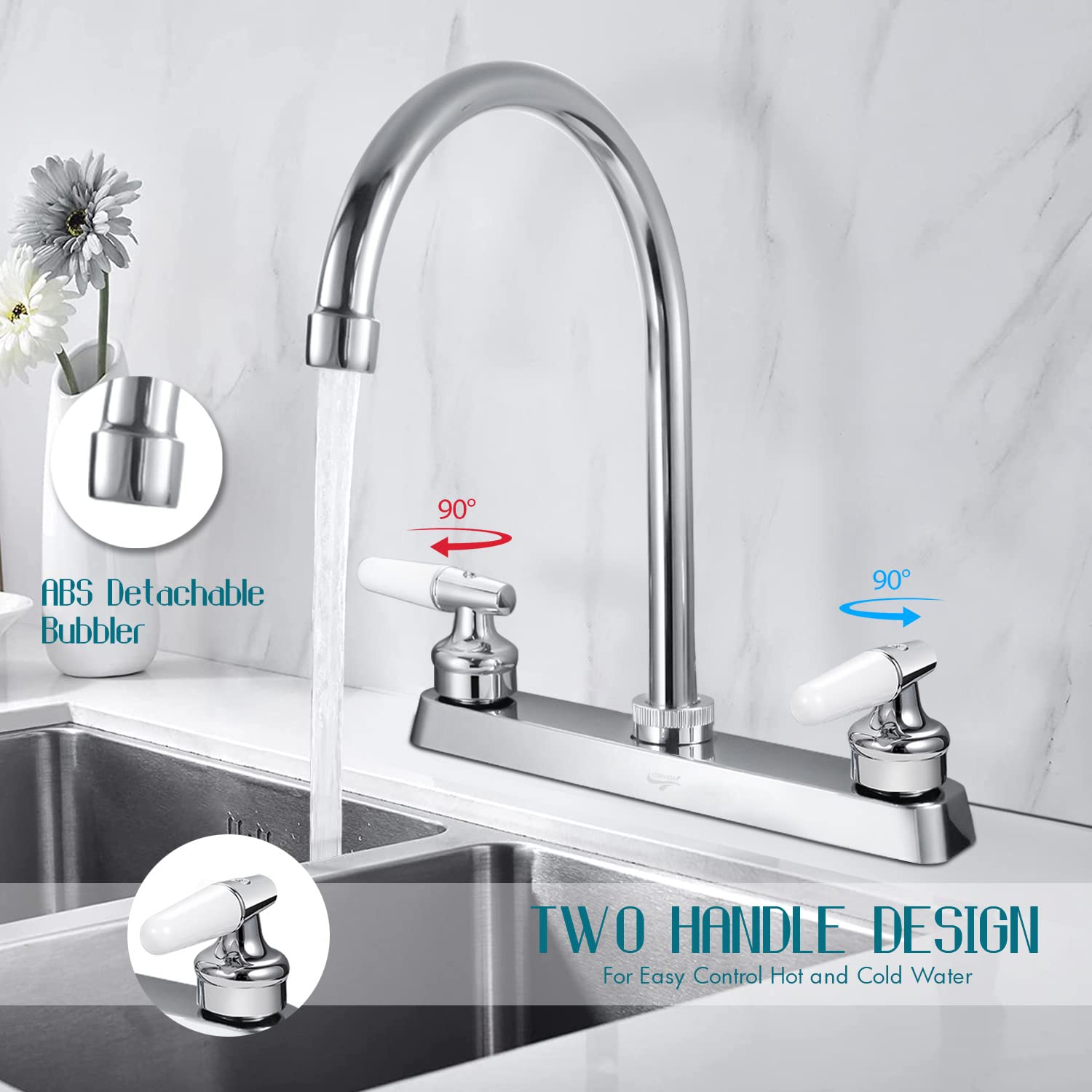 Comvida 2 Handle Kitchen Faucet, High Arc Swivel Spout Stainless Steel Kitchen Sink Faucet, Modern Commercial 3 Hole Kitchen Faucet Solid Brass, Chrome,Us-Cv-80091